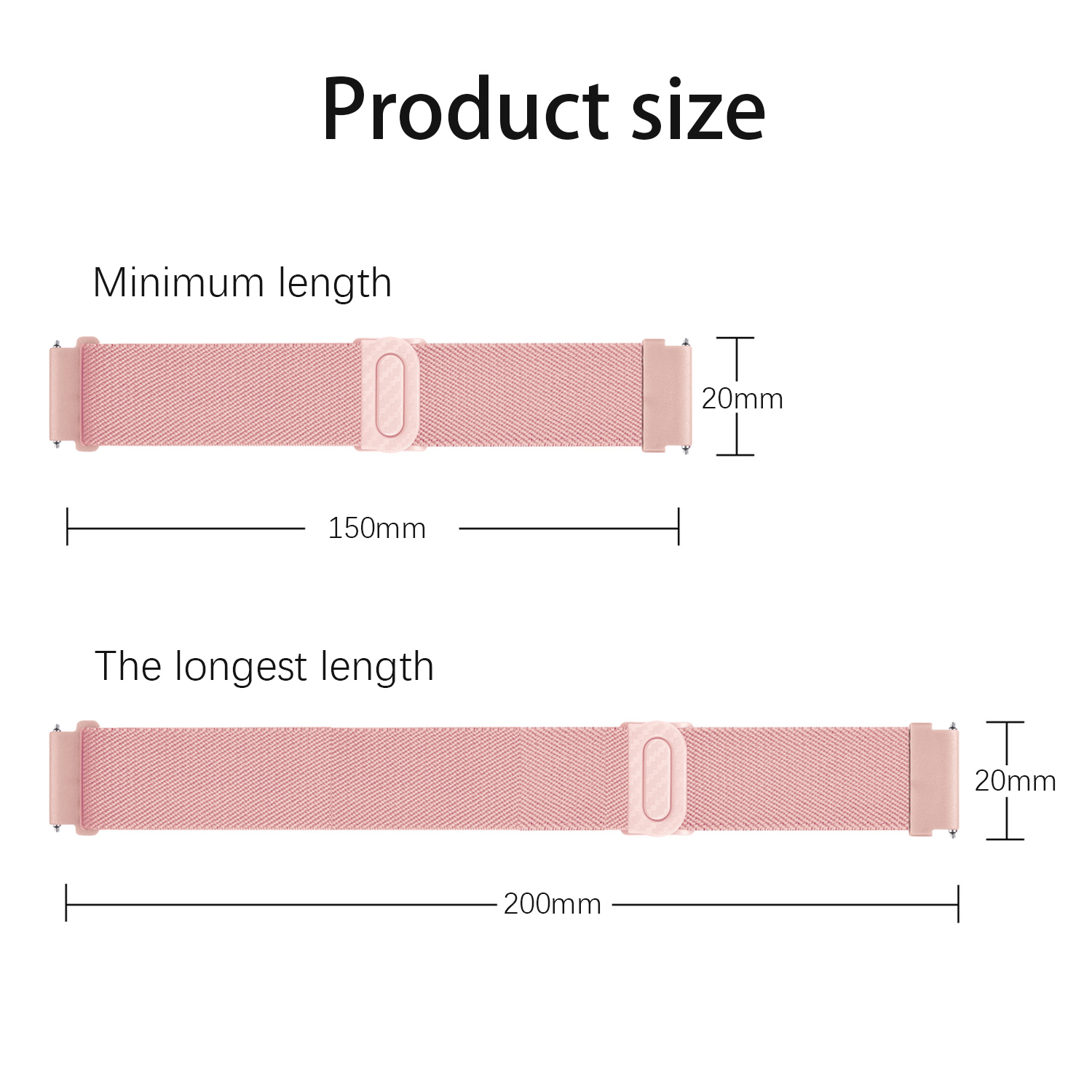 Obrazek pokazuje szczegóły rozmiaru produktu: minimalną i maksymalną długość różowego paska, odpowiednio 150 mm i 200 mm długości.