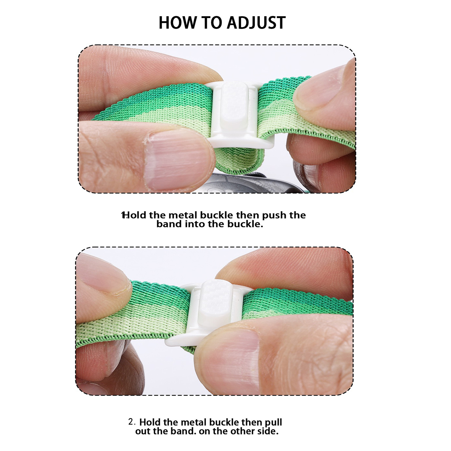 Ręce regulują zielono-biały pasek w białą klamrę. Tekst wyjaśnia proces regulacji paska do zegarka.