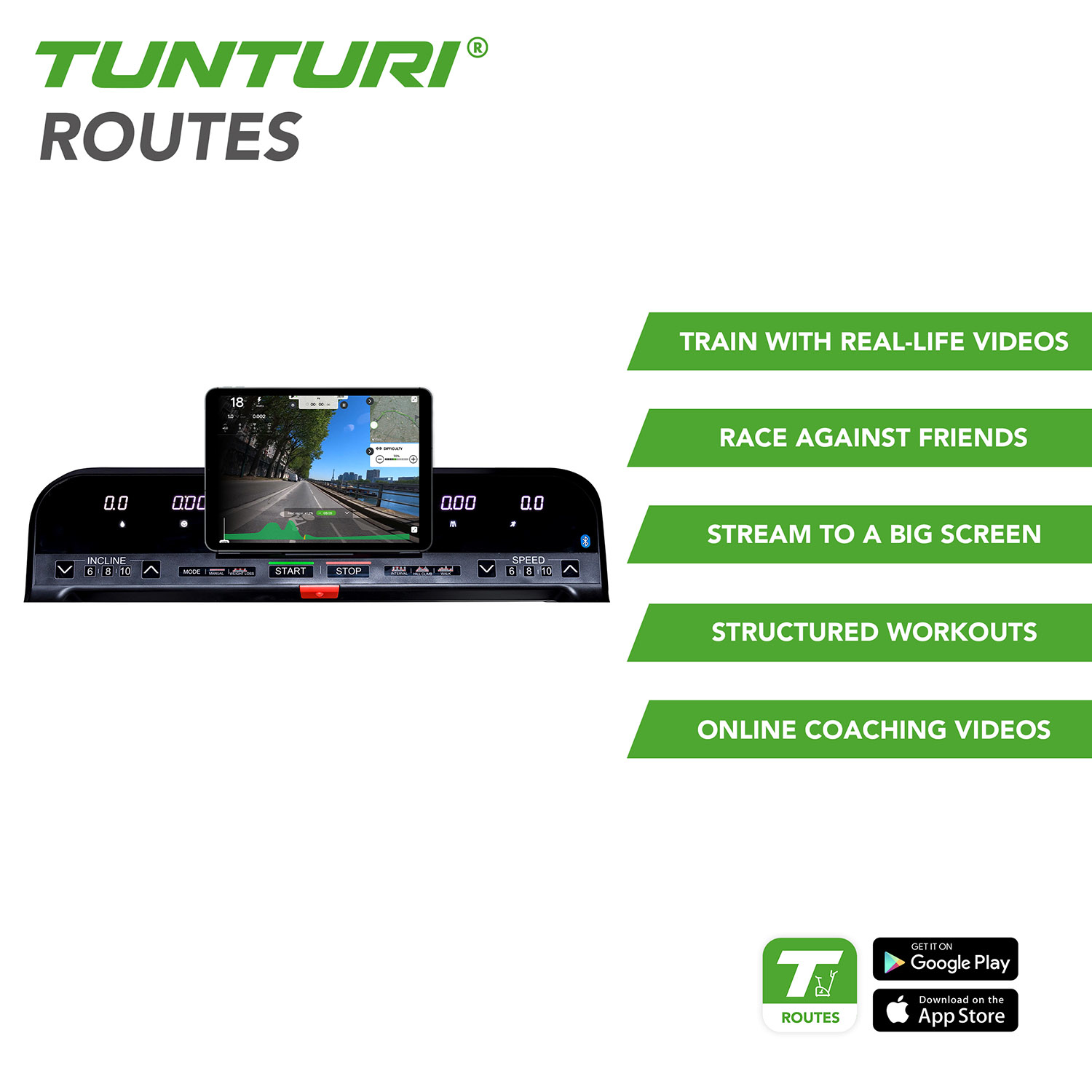 Het scherm van de Tunturi Routes loopband toont een wegweergave. Functies: trainingsvideo's, racen met vrienden, groot scherm, gestructureerde workouts en online coaching.