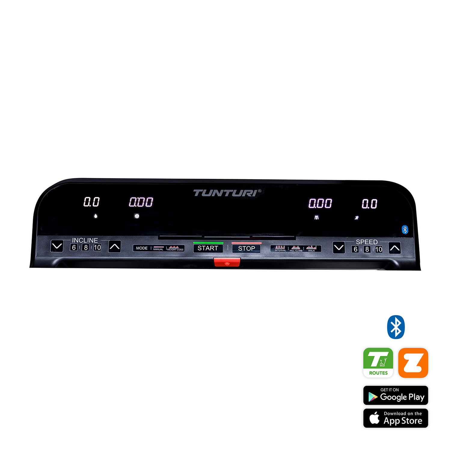 Een zwart loopbandconsole met digitale displays, knoppen en logo's voor Bluetooth, Google Play en App Store. Het merk is Tunturi.