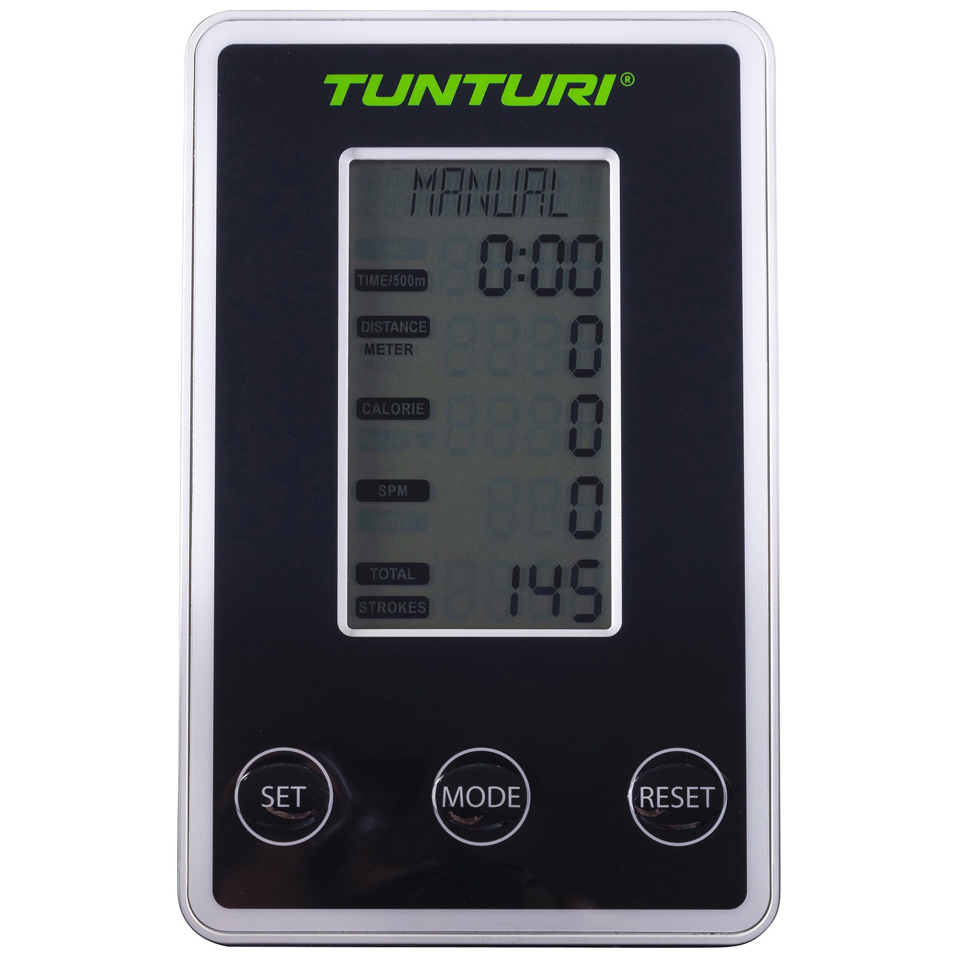Zwart display van een trainingsmachine met groen Tunturi-logo. Toont tijd, afstand, calorieën, SPM en slagen. Knoppen: Set, Mode, Reset.
