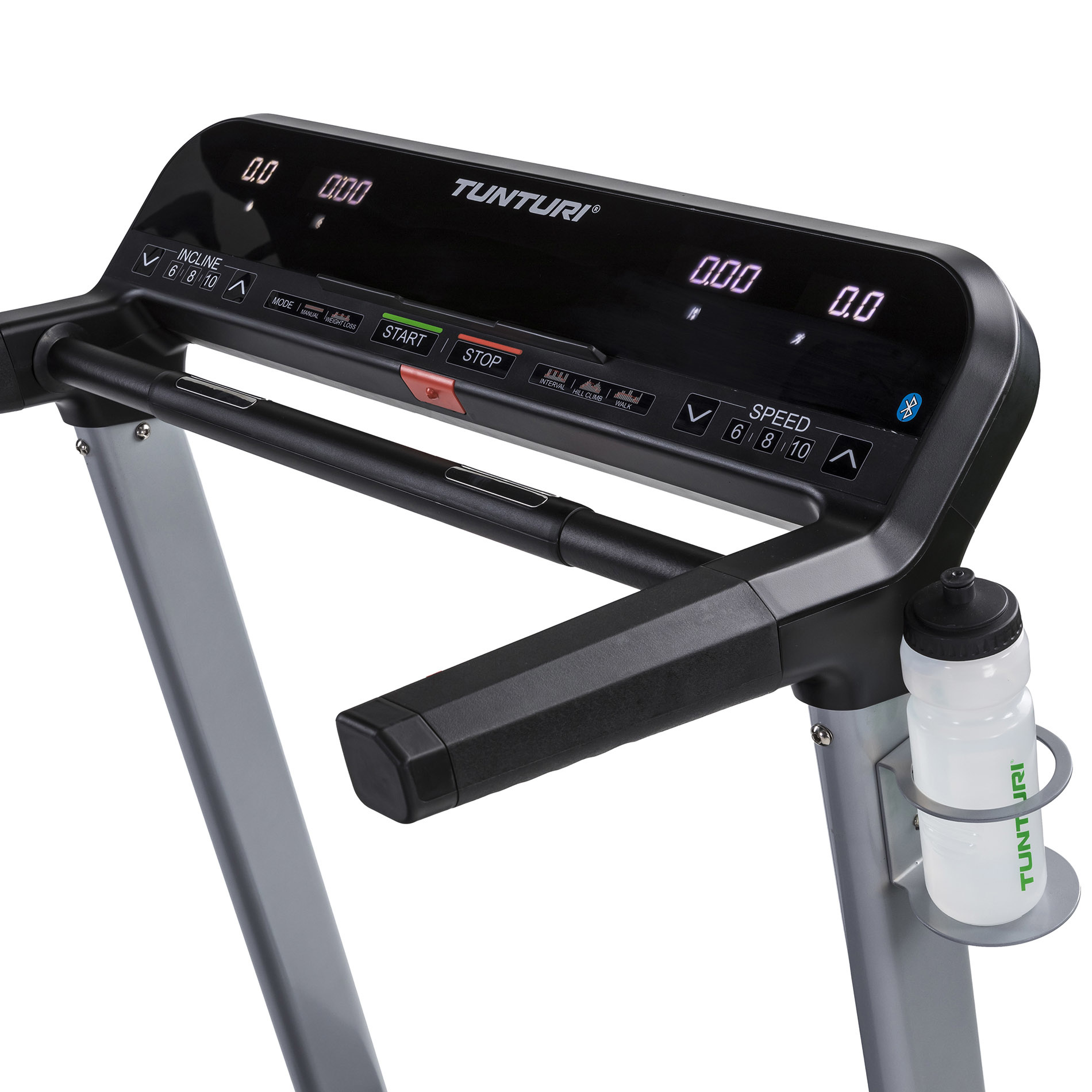Loopbandconsole met digitale displays en knoppen. Displays tonen 0,0 en 0,00. Een waterfles zit in een houder.