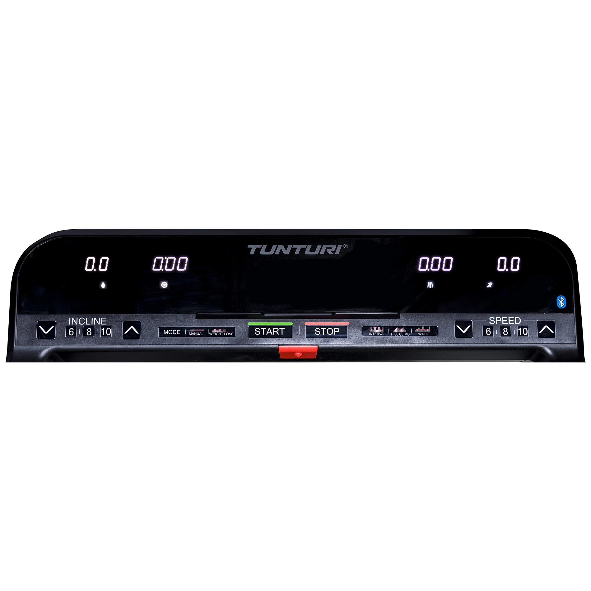 Zwart loopbandconsole met helling, snelheid en trainingsbediening. Start- en Stop-knoppen vallen op. Tunturi-logo bovenaan.