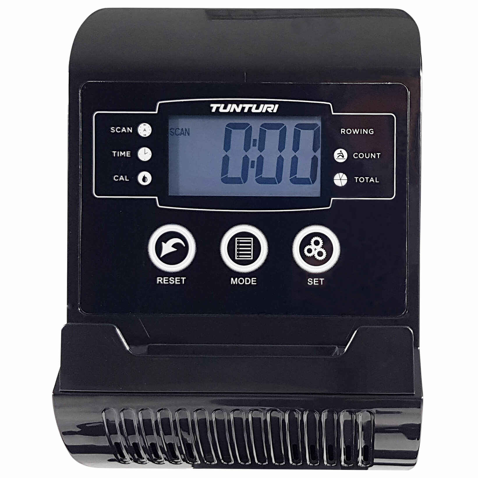 Zwart display voor fitnessapparatuur met 'TUNTURI'-logo, digitale display met '0:00' en bedieningsknoppen voor reset, modus en set.