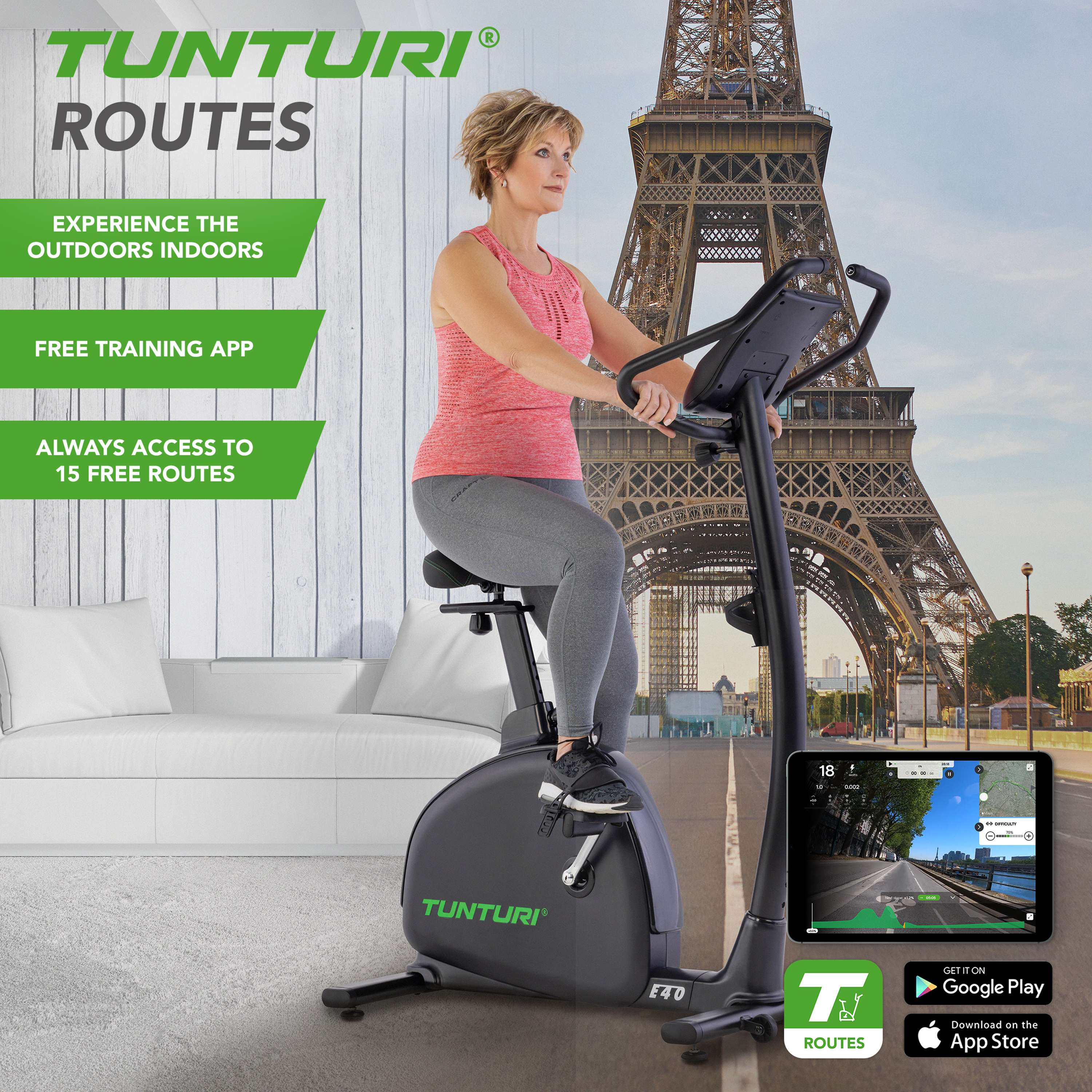 Woman on exercise bike with Eiffel Tower in the background. App on tablet shows a route.