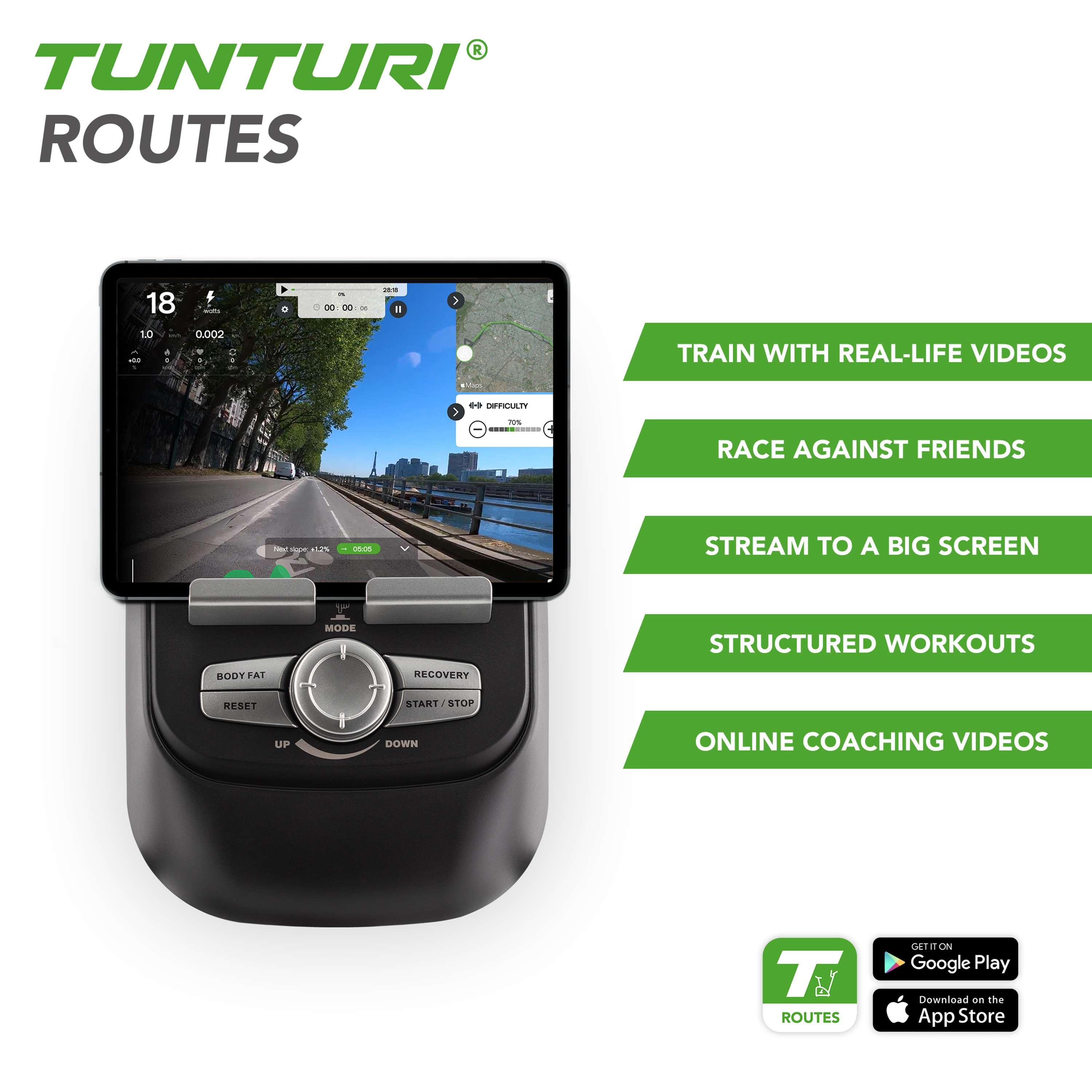 An exercise bike with a screen displaying a cycling route. Features include: real-life videos, and online coaching.