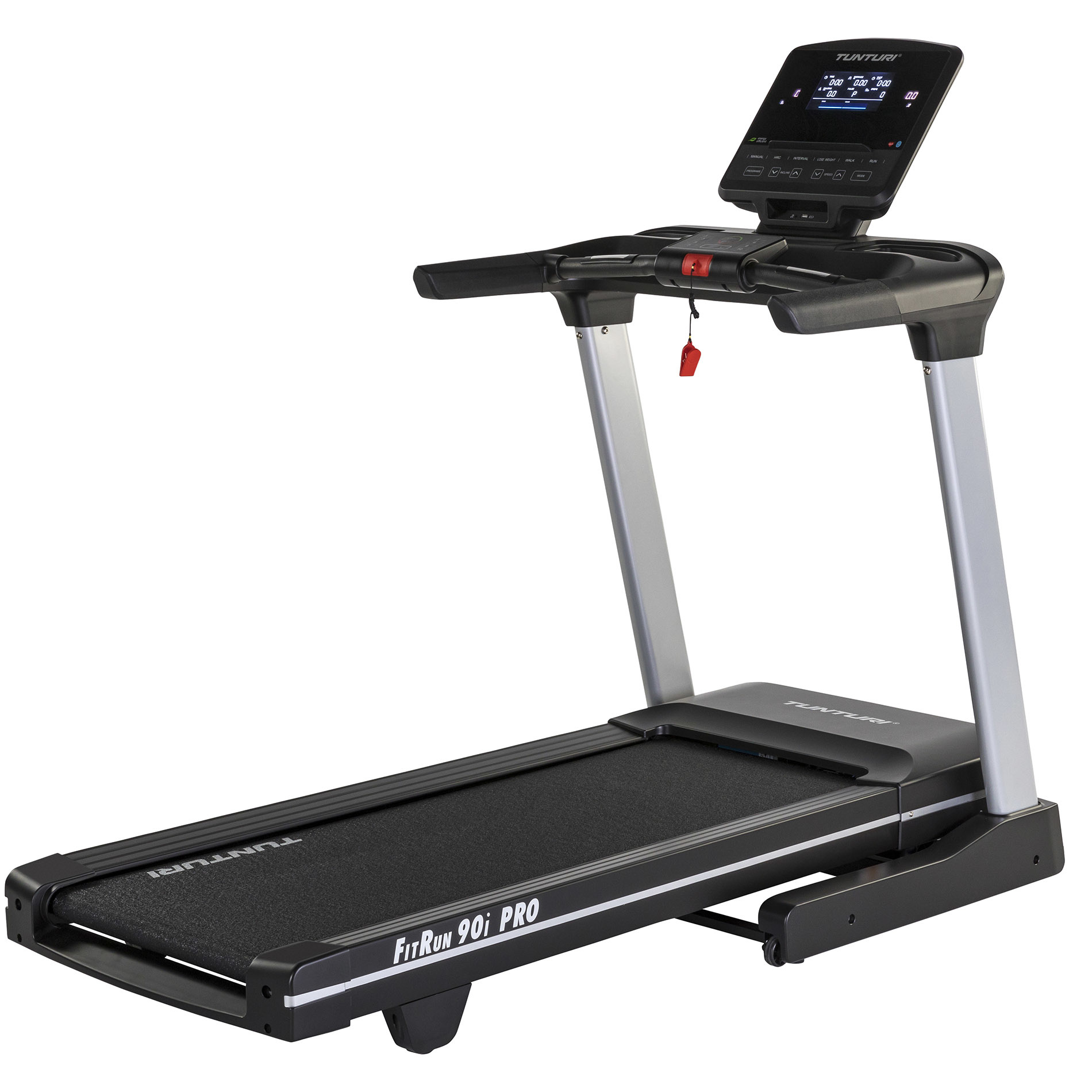 Een Tunturi FitRun 90i Pro loopband. Het heeft een zwarte loopband en een digitaal display. Het frame is zilver en zwart.