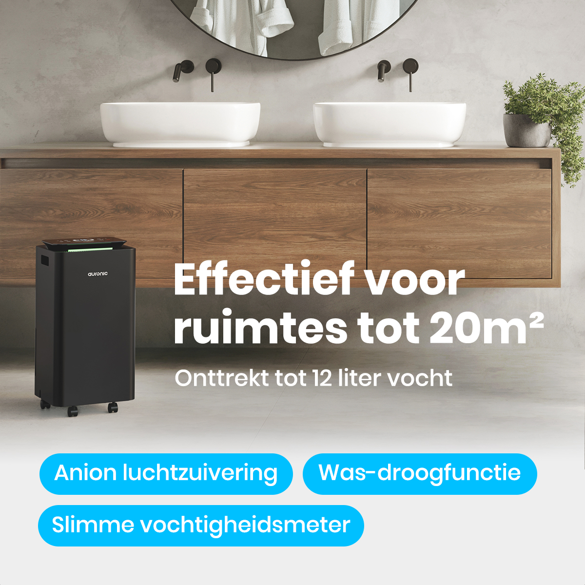 Un purificateur d'air noir dans une salle de bain. Comprend la purification de l'air par anions, la fonction de lavage-séchage et un hygromètre intelligent.