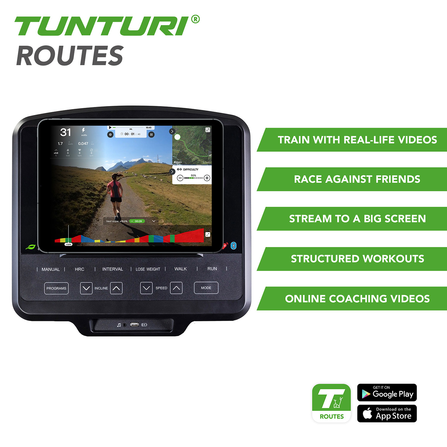 Een loopband met scherm waarop een hardloper op een pad te zien is. Kenmerken zijn trainingsopties, app store links en het Tunturi Routes logo.