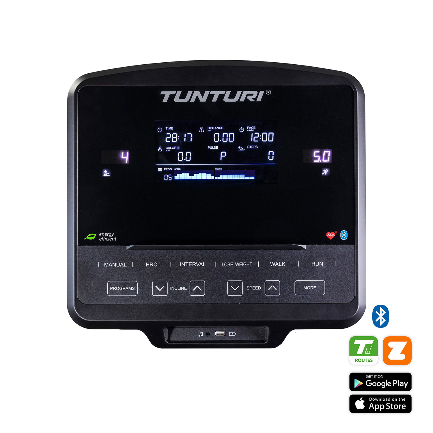 Zwarte loopbandconsole met weergave van tijd, afstand, snelheid en trainingsprogramma's. Tunturi-logo en Bluetooth.