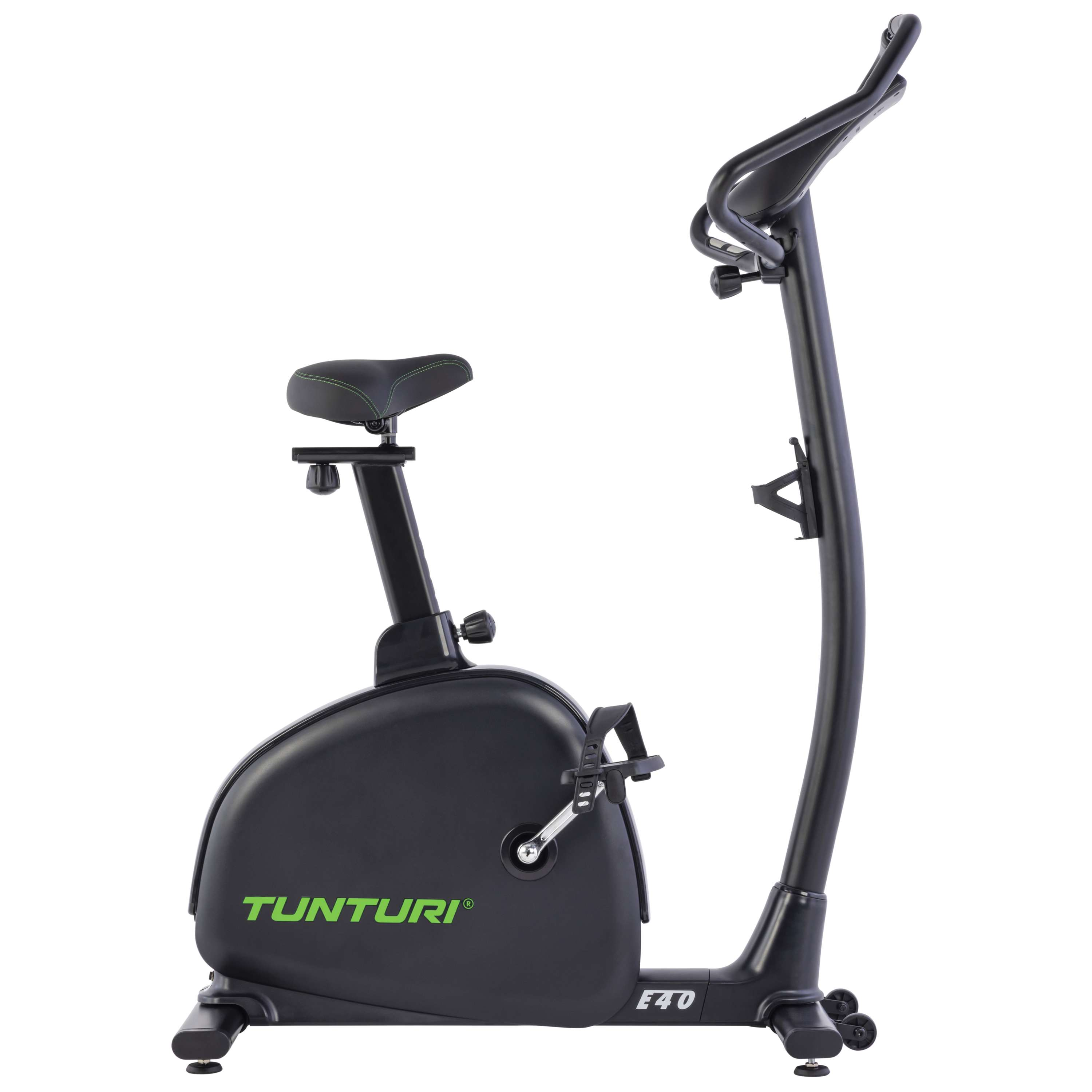 Black exercise bike. It has a seat with green stitching, the brand name 'Tunturi' and 'E40' written on the side.