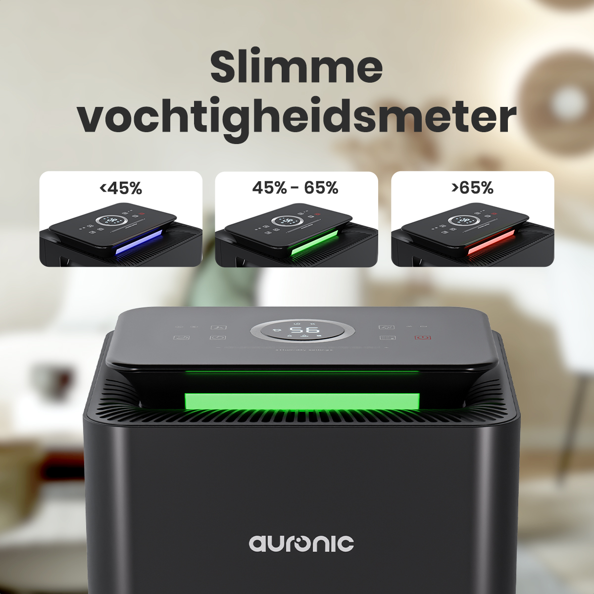 Purificateur d'air noir avec relevés d'humidité. Affiche : bleu (<lt/>45 %), vert (45-65 %) et rouge (<gt/>65 %). Marque 'Auronic'.