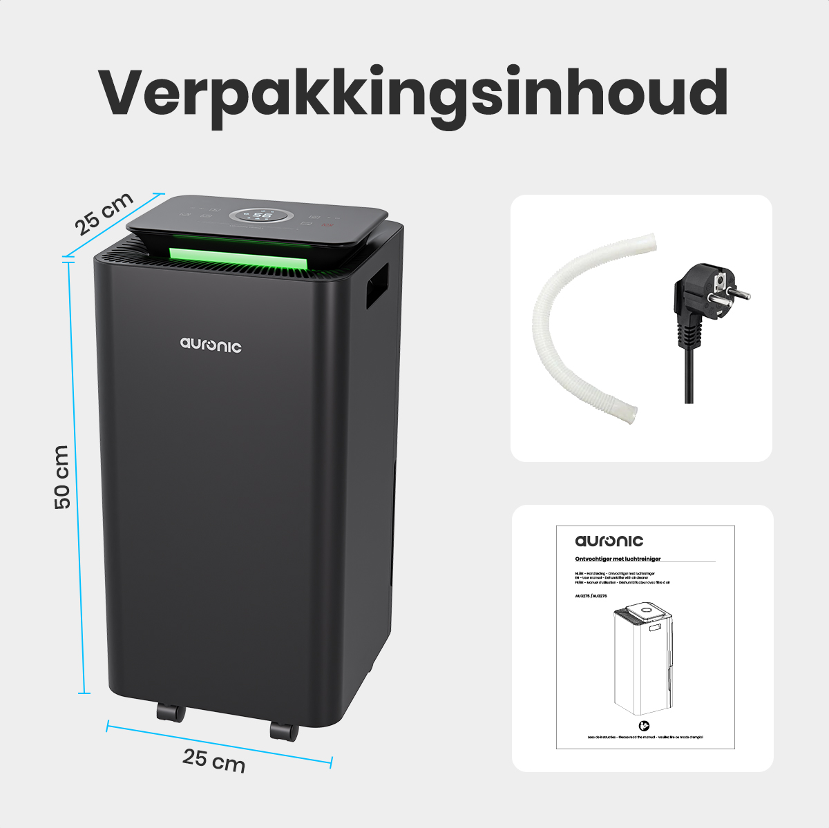 Purificateur d'air noir avec dimensions, accessoires: tube, prise et manuel. Texte : Verpakkingsinhoud, marque Auronic.