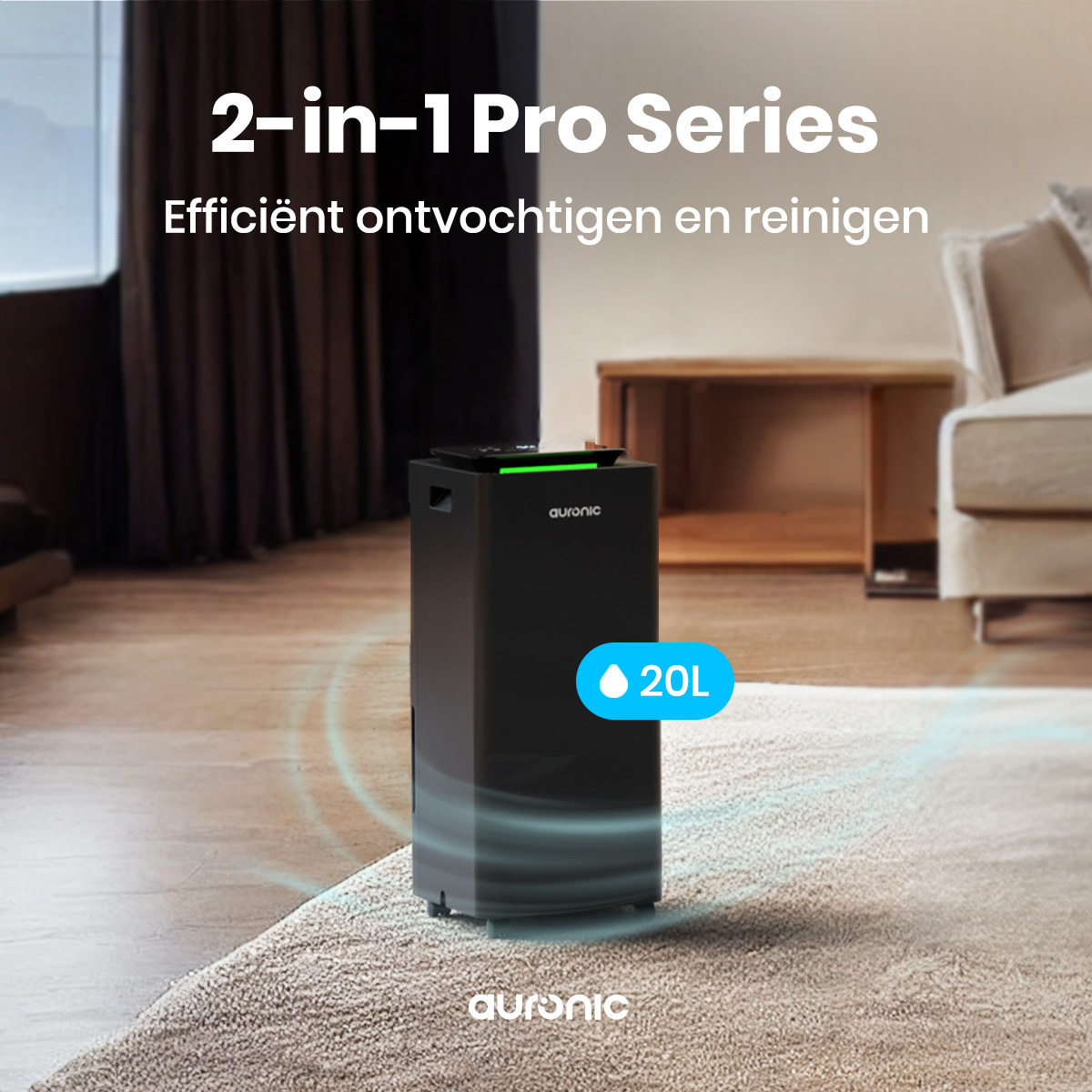 Schwarzer Luftreiniger auf Teppich. Text lautet 2-in-1 Pro Series. Es steht auch 'Effizient entfeuchten und reinigen'. Wassertropfen-Symbol mit 20L.