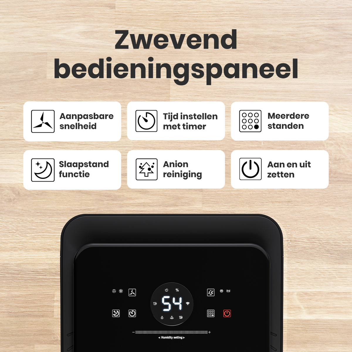 Schwarzes Panel mit Digitalanzeige, die 54% anzeigt, umgeben von Symbolen für Geschwindigkeit, Timer und Funktionen. Text oben beschreibt es.