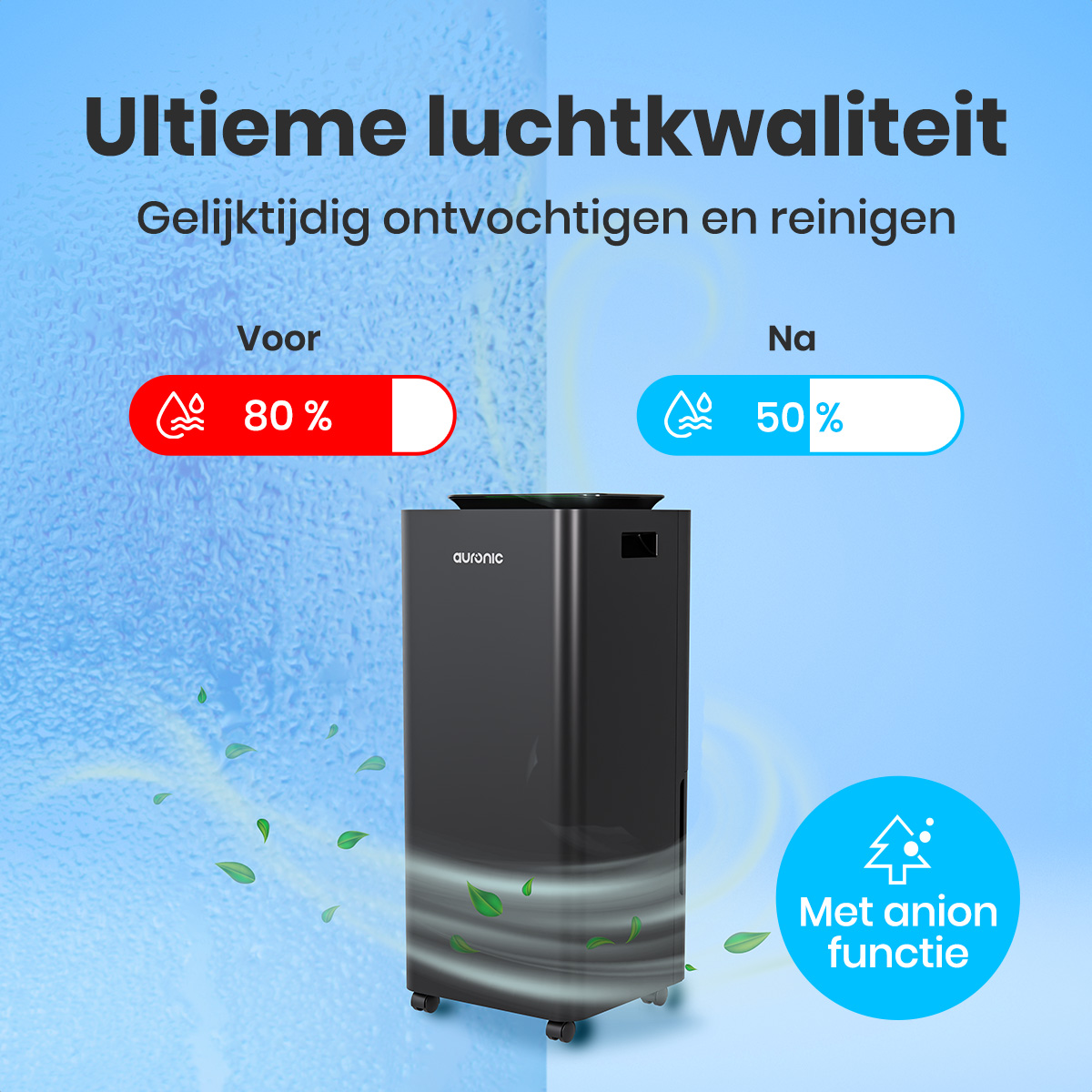 Ein Luftreiniger zeigt Vorher-Nachher-Ergebnisse. Vorher: 80 % Luftfeuchtigkeit. Nachher: 50 %. Text: Ultimative Luftqualität. Anionenfunktion.
