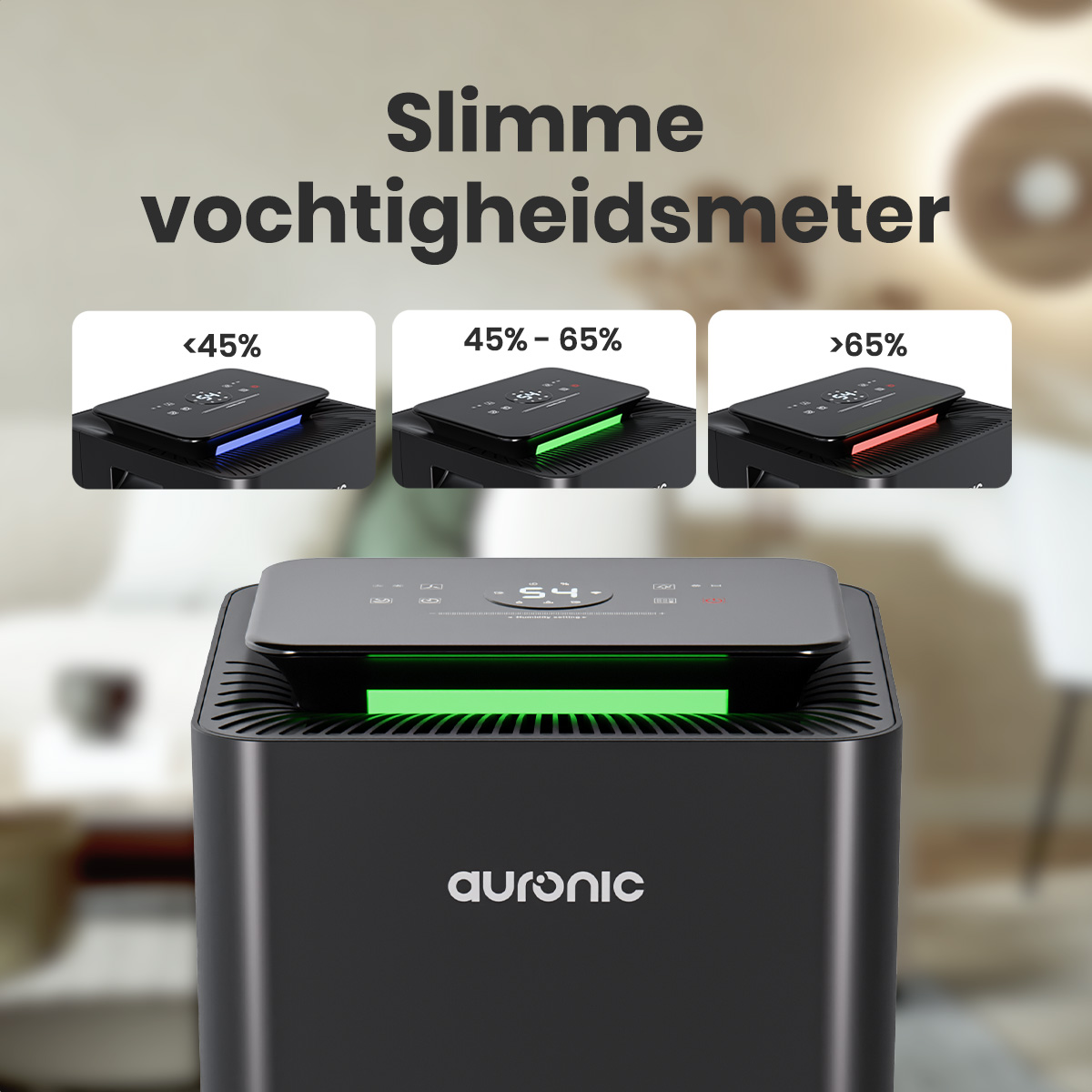 Schwarzer Luftreiniger mit Digitalanzeige mit 54. Drei Feuchtigkeitsanzeigen: blau, grün und rot.
