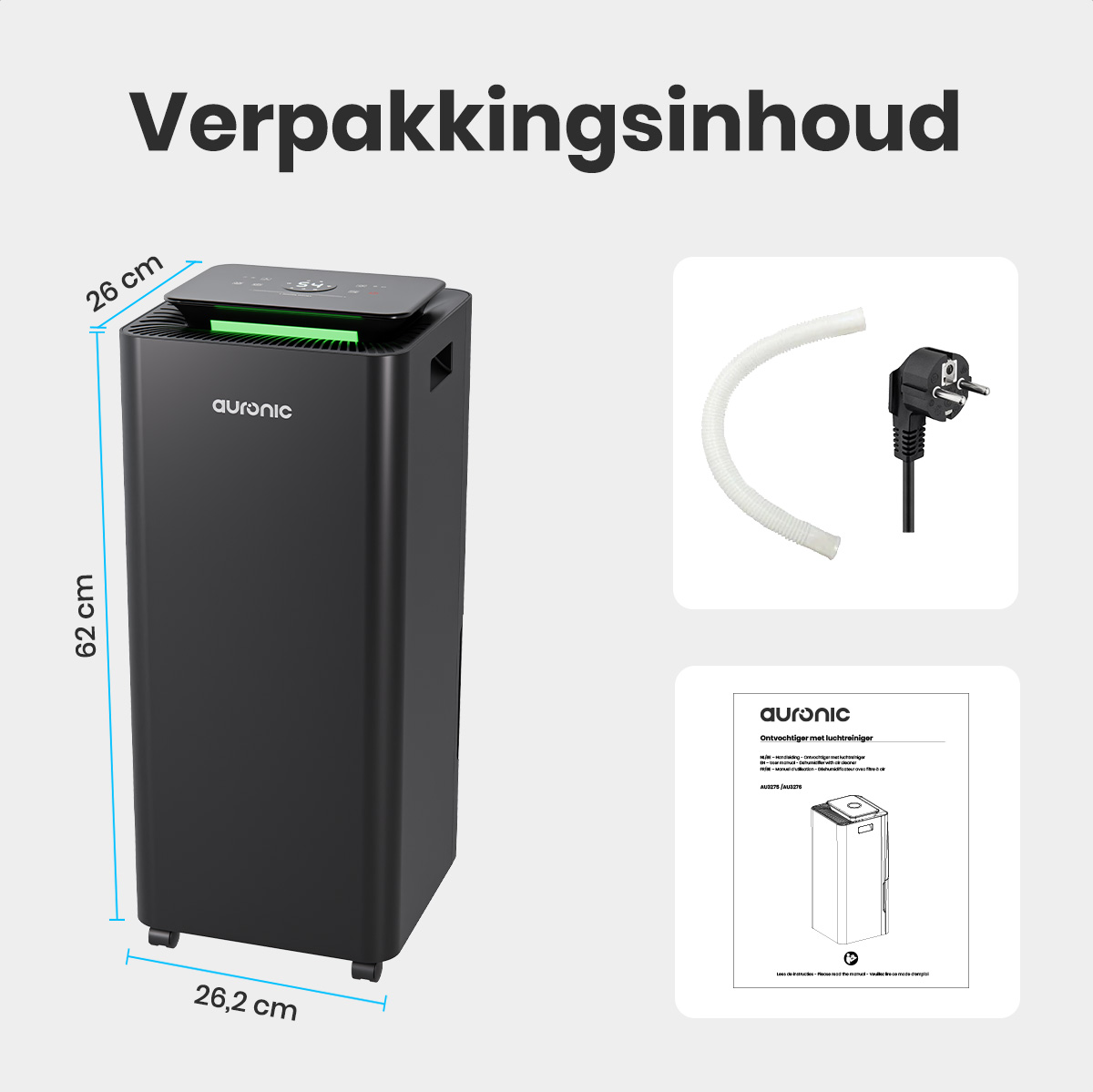 Ein Luftreiniger mit Zubehör. Es umfasst einen schwarzen Luftreiniger, einen weißen Schlauch, ein Netzkabel und eine Bedienungsanleitung.