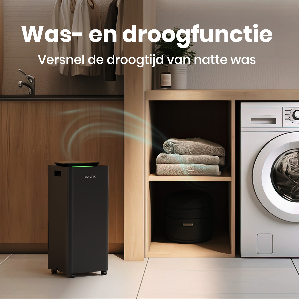 Schwarzer Luftreiniger mit Handtüchern auf einem Regal und einer Waschmaschine. Text: Wasch- und Trockenfunktion. Trocknen Sie nasse Wäsche schneller.