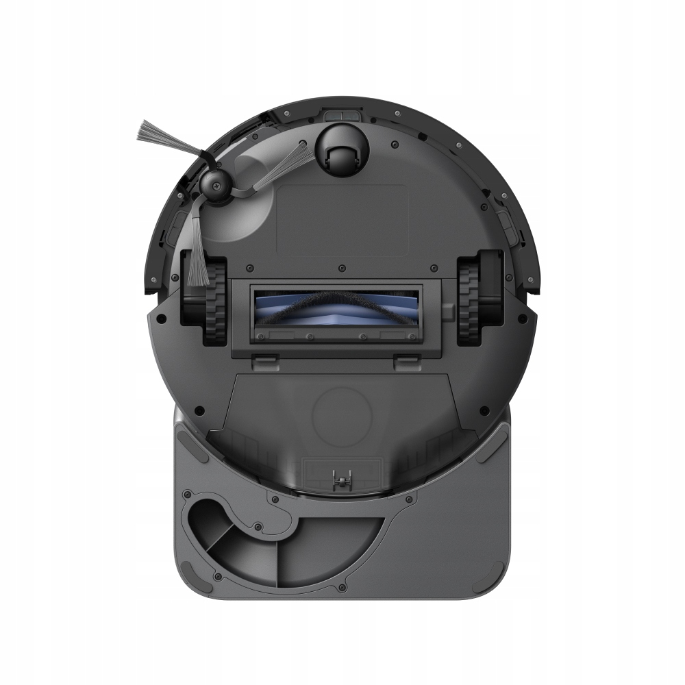 Widok z góry na ciemnoszary odkurzacz automatyczny. Ma szczotki, pojemnik na kurz i stację ładującą. Tło jest białe.