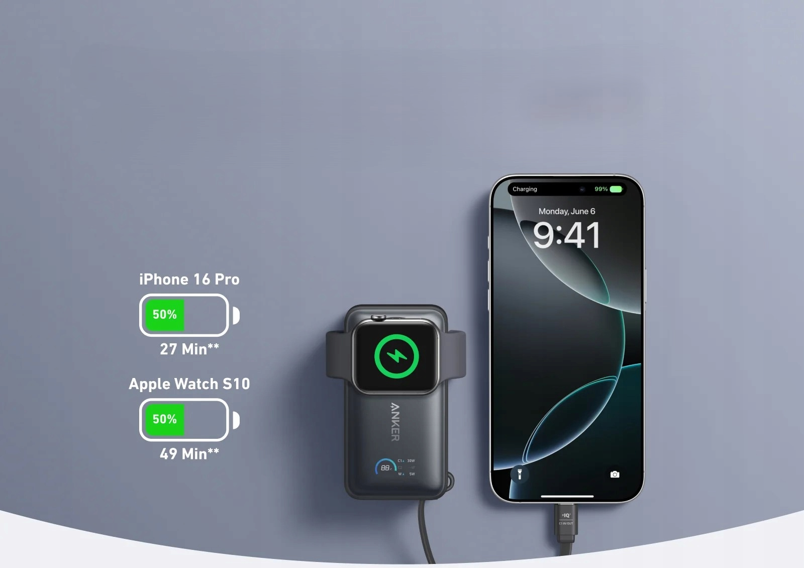 iPhone i Apple Watch są ładowane. Oba urządzenia pokazują 50% naładowania. Ładowarka Anker pośrodku. Telefon pokazuje 9:41.