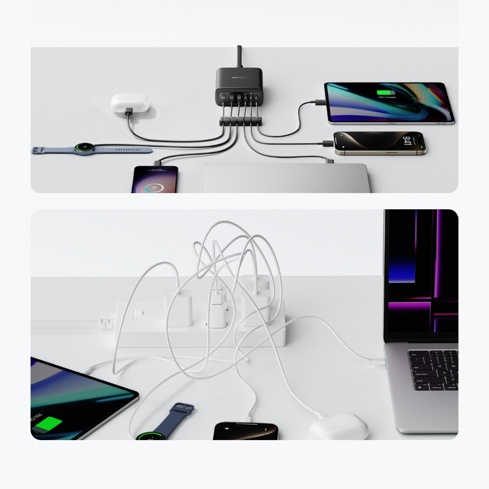 Una stazione di ricarica con più dispositivi: tablet, telefono, orologio e auricolari. I cavi collegano i dispositivi al caricatore. Presente anche un laptop.