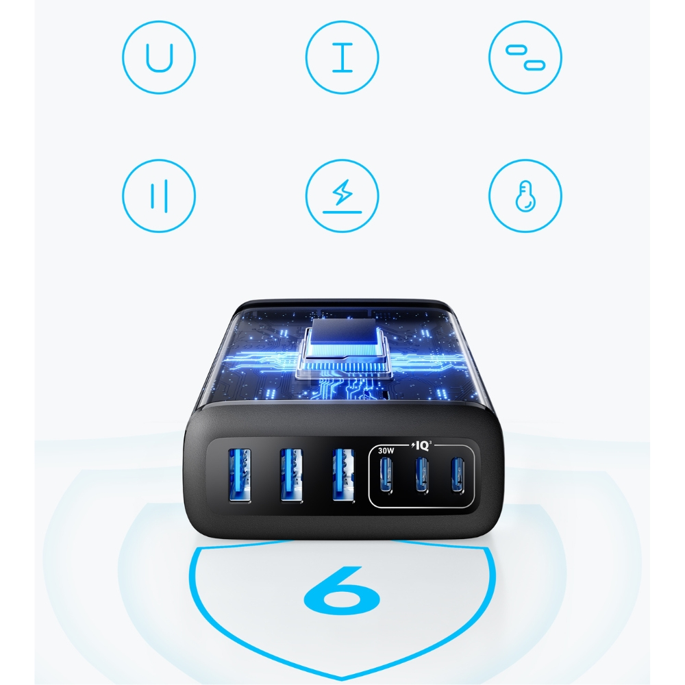 Adattatore di alimentazione nero con porte USB, icone in alto e uno scudo con un '6'. Design del circuito blu brillante in alto.