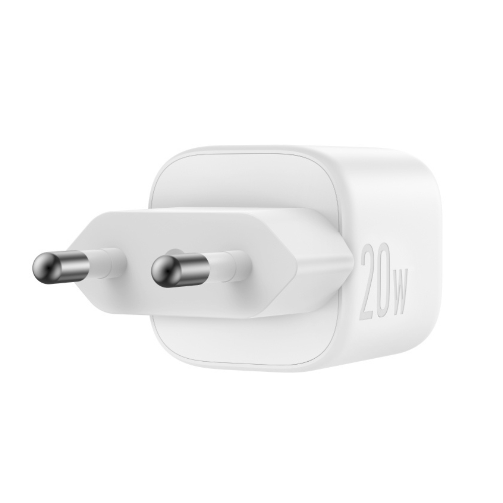 Adattatore di alimentazione bianco da 20 W con due spine argentate. L'adattatore è bianco e presenta la scritta '20 W' sul lato.