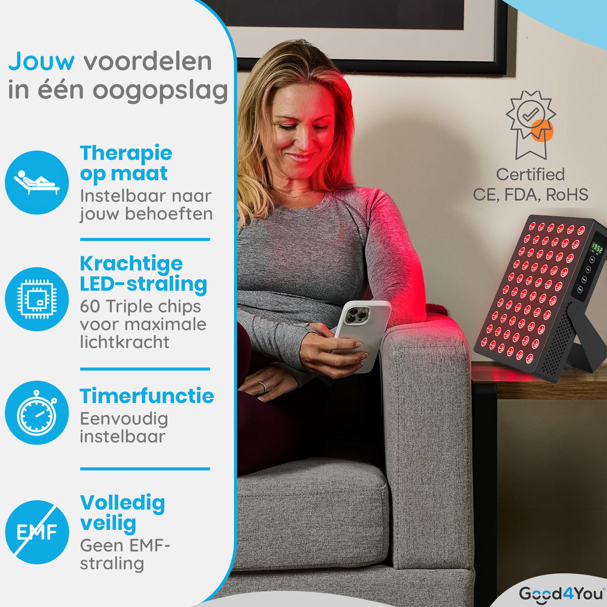 Eine Frau benutzt ein Rotlichttherapiegerät. Sie hält ein Telefon und sitzt auf einem Sofa. Links steht Text.
