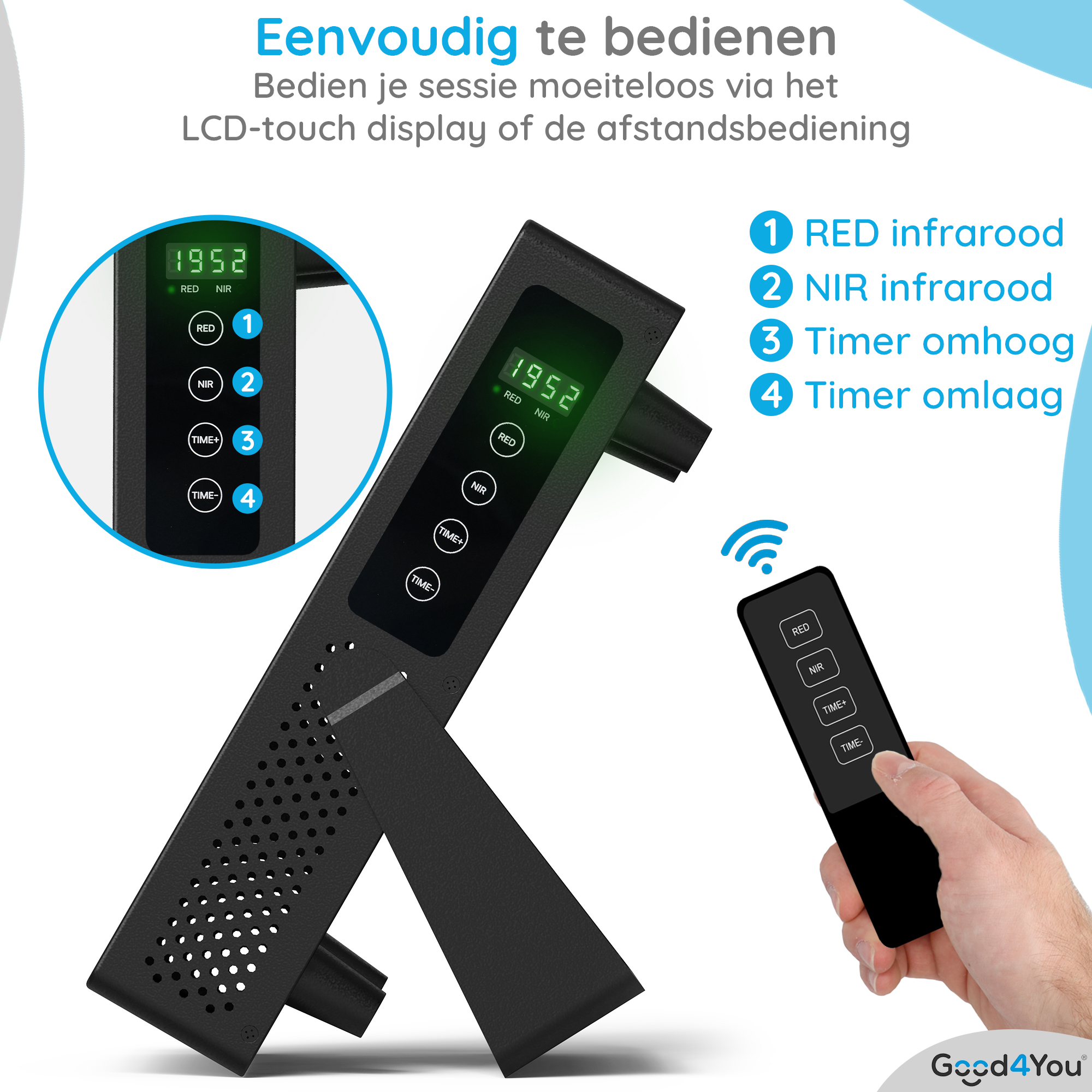 Schwarzes Gerät mit Digitalanzeige und Fernbedienung. Tasten sind rot, NIR, Zeit+, und Zeit-. Eine Hand hält die Fernbedienung.