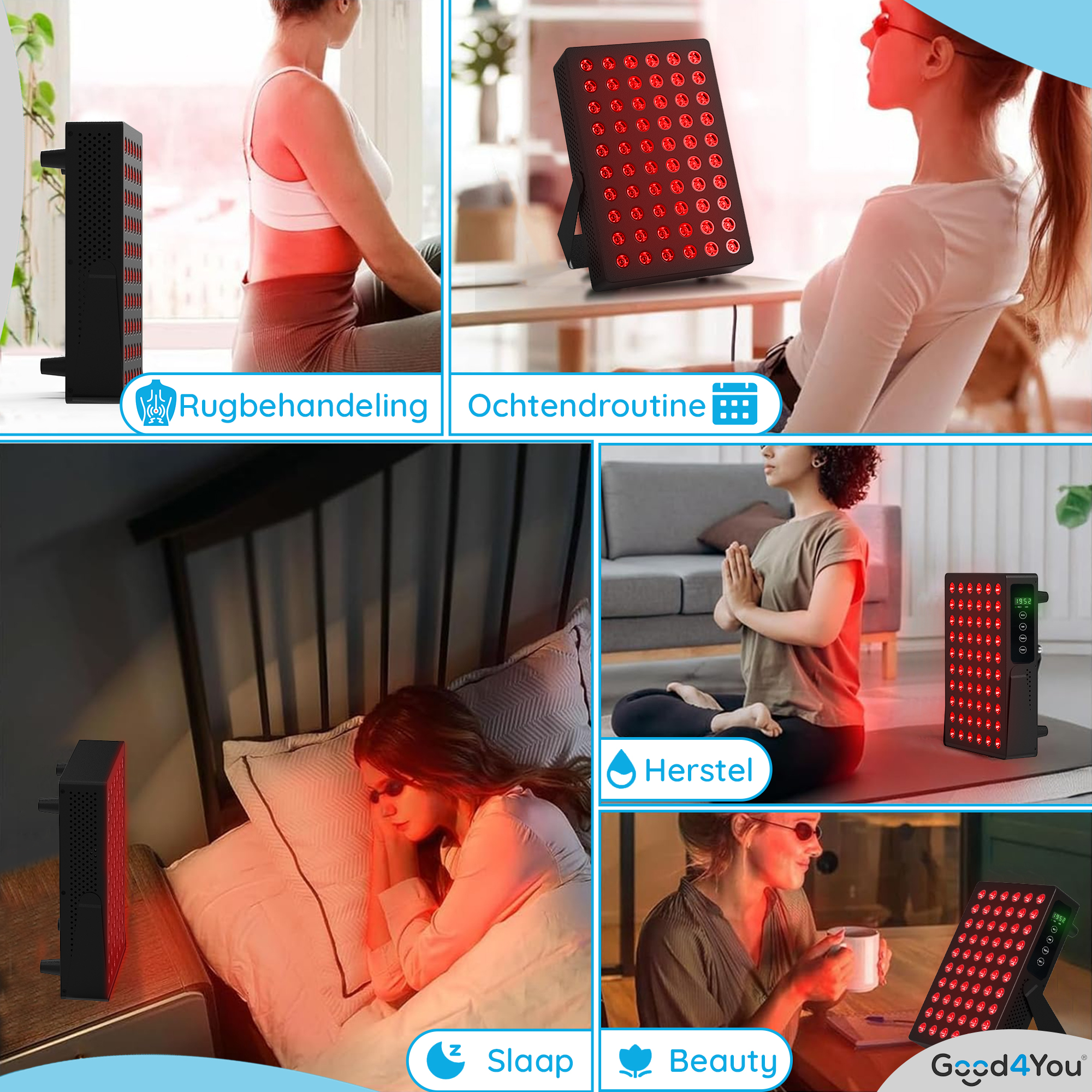 Das Bild zeigt ein Rotlichttherapiegerät in verschiedenen Szenen. Menschen verwenden es bei Rückenschmerzen, Morgenroutinen, Entspannung, Schlaf und Schönheit.