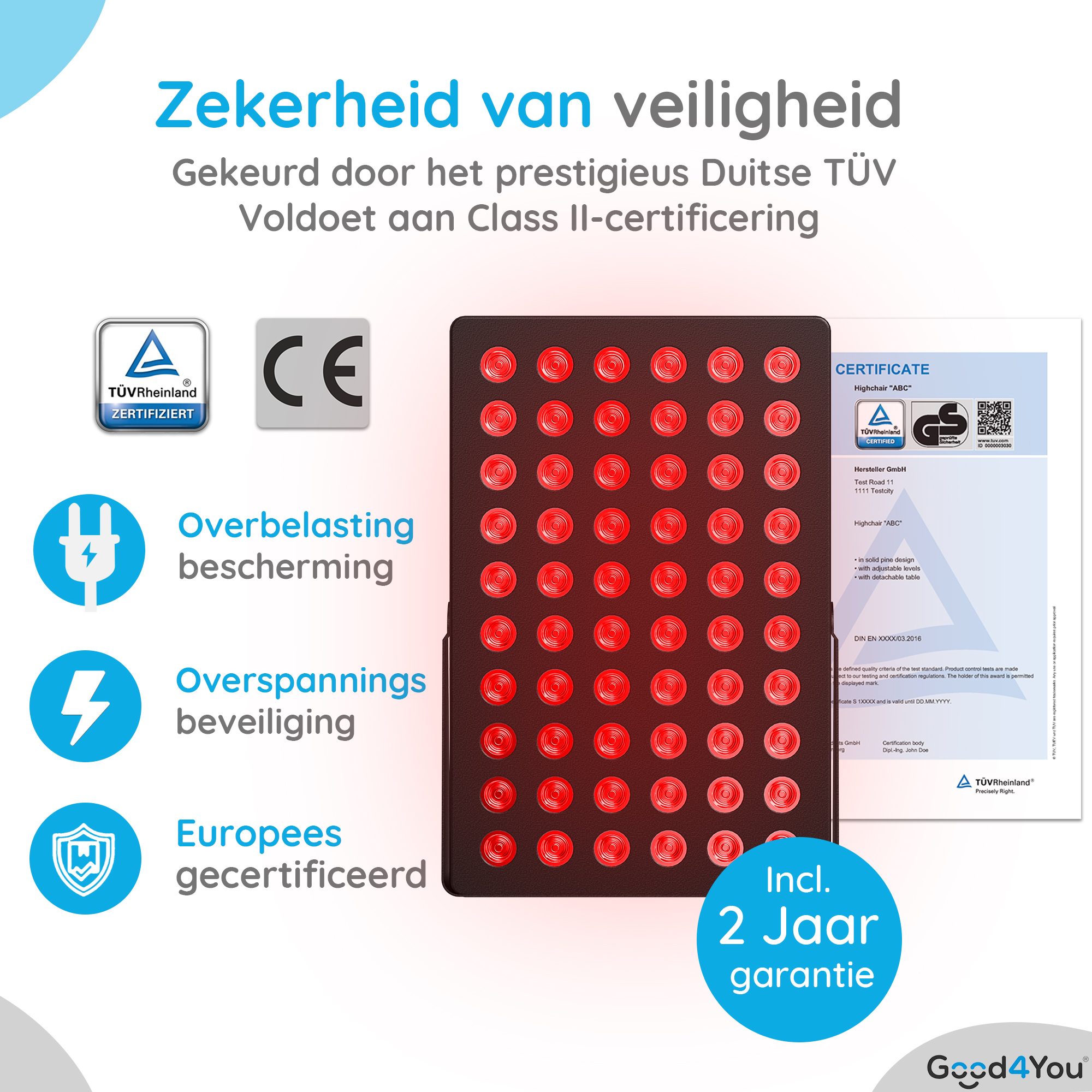 Das Bild zeigt ein Produkt mit Zertifizierungen, Garantie und Sicherheitsmerkmalen. Enthält rote Lichter, Logos und Text auf Niederländisch.
