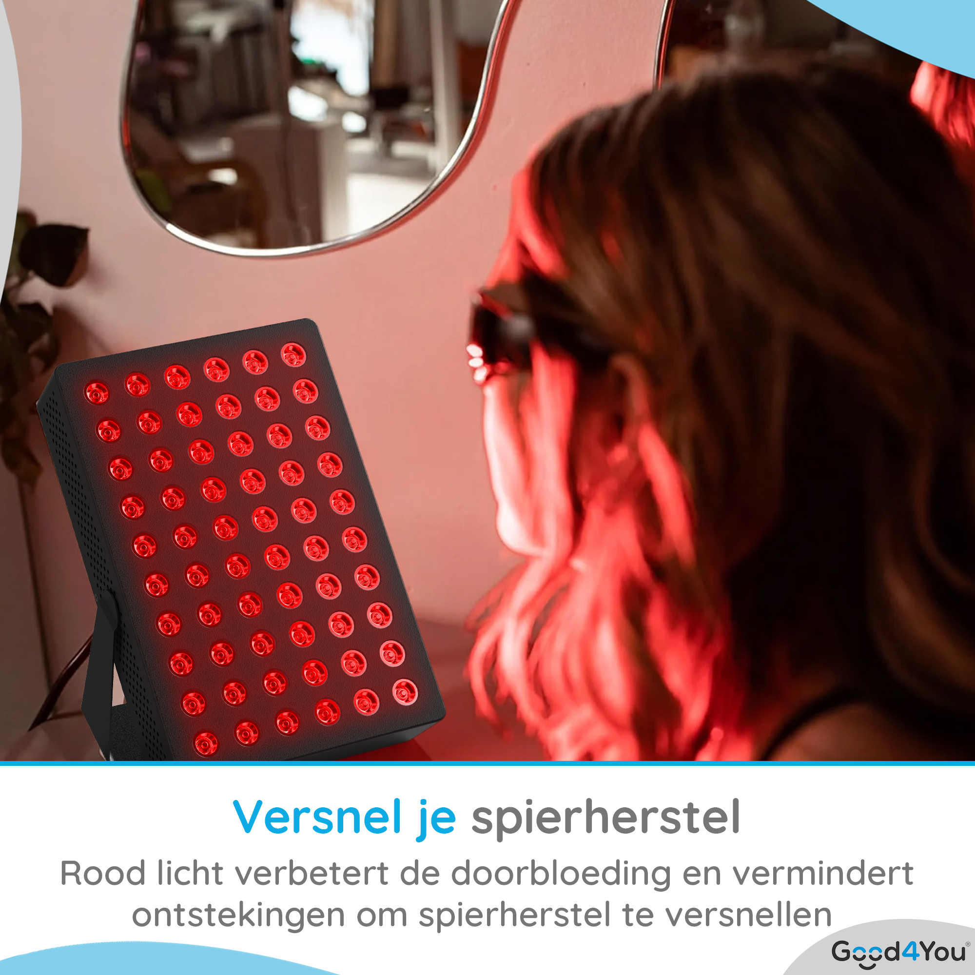 Ein Rotlichttherapiegerät befindet sich in der Nähe einer Person. Das Gerät ist ein schwarzes Rechteck mit vielen roten Lichtern.