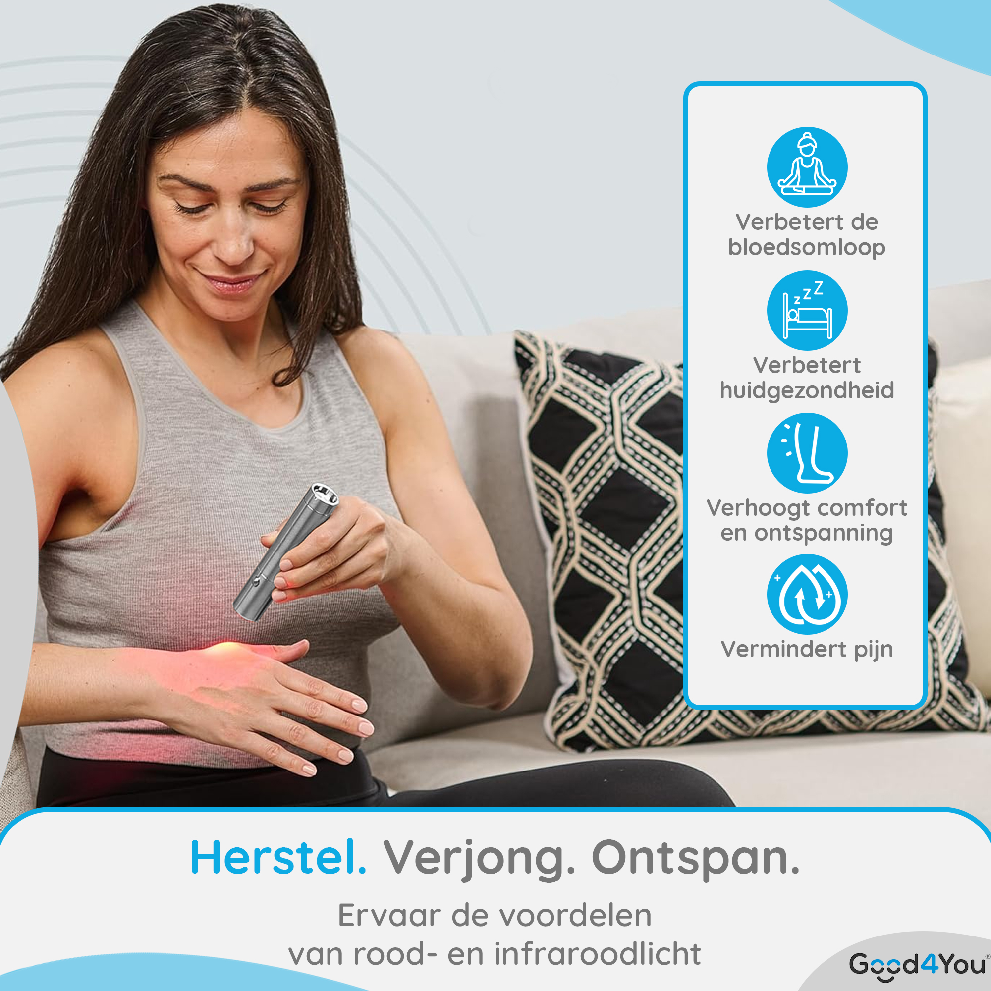 Eine Frau benutzt ein Rotlichttherapiegerät an ihrer Hand. Text rechts hebt Vorteile wie verbesserte Durchblutung und Schmerzlinderung hervor.