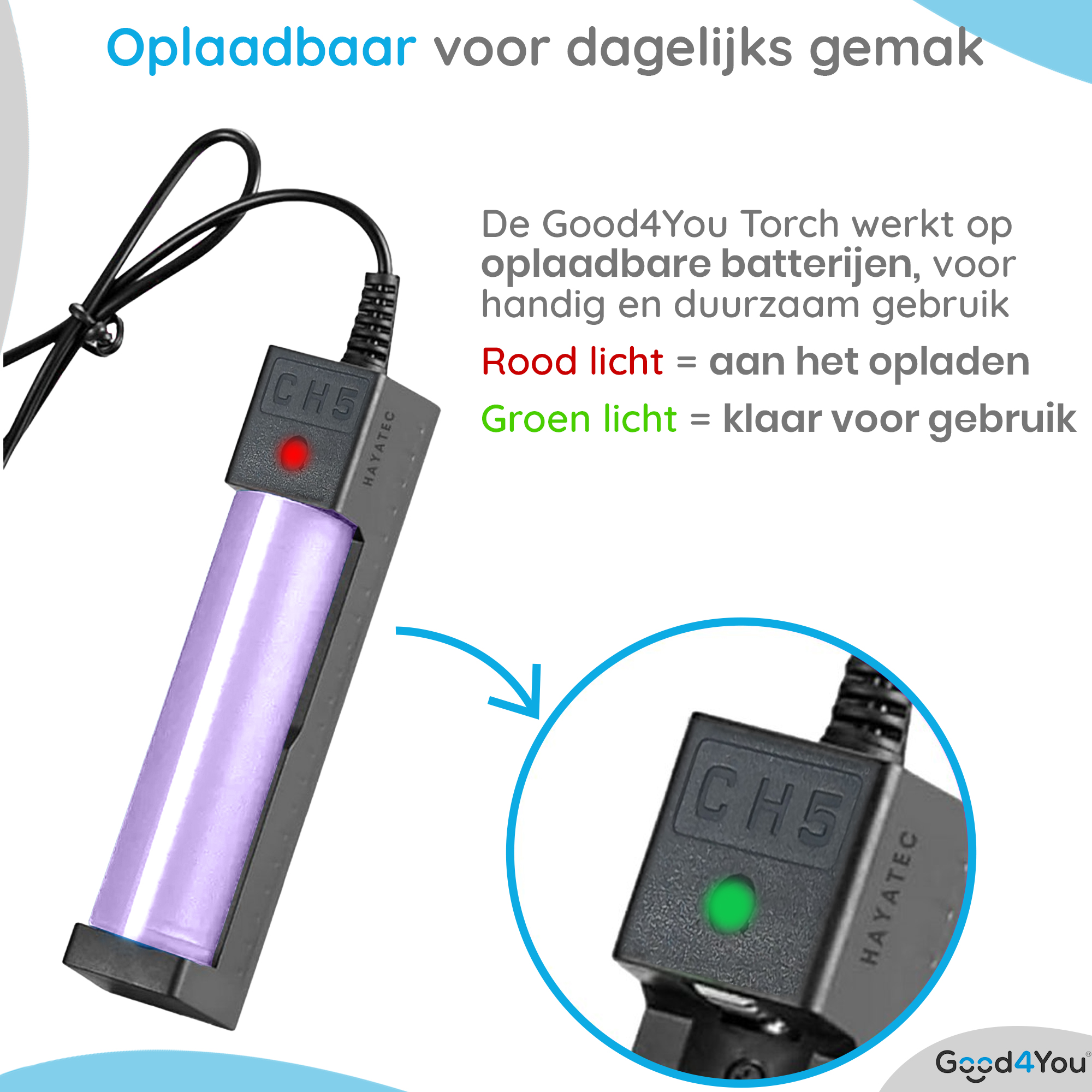 Ein Batterieladegerät mit einer violetten Batterie und einem schwarzen Ladekabel. Rotes Licht zeigt das Laden an; grün zeigt Fertig.
