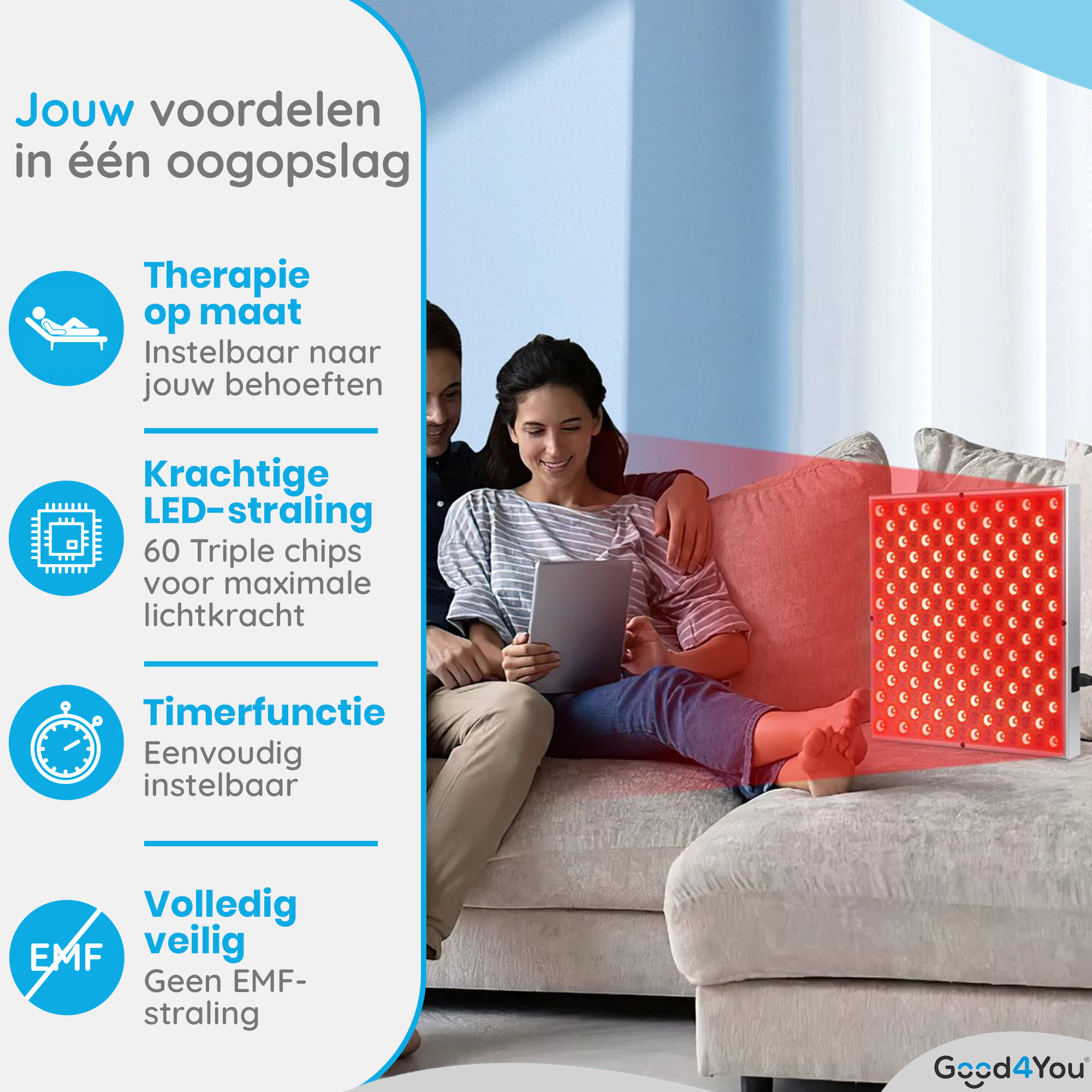 Ein Paar sitzt auf einem Sofa und benutzt ein Tablet in der Nähe eines Rotlichttherapiegeräts. Text links beschreibt Vorteile.