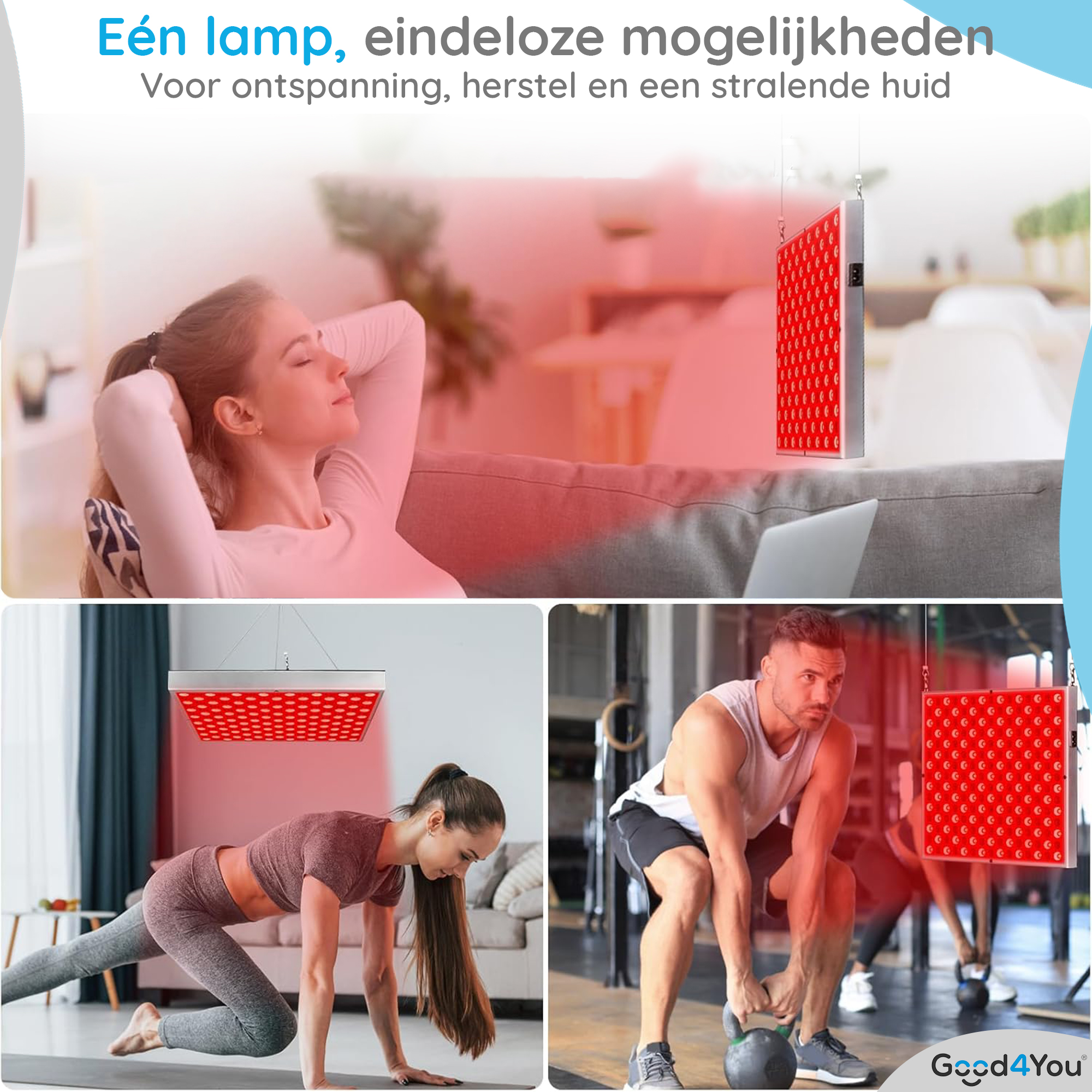 Das Bild zeigt ein Rotlichttherapiegerät. Menschen entspannen sich, trainieren und heben Gewichte unter dem Gerät.