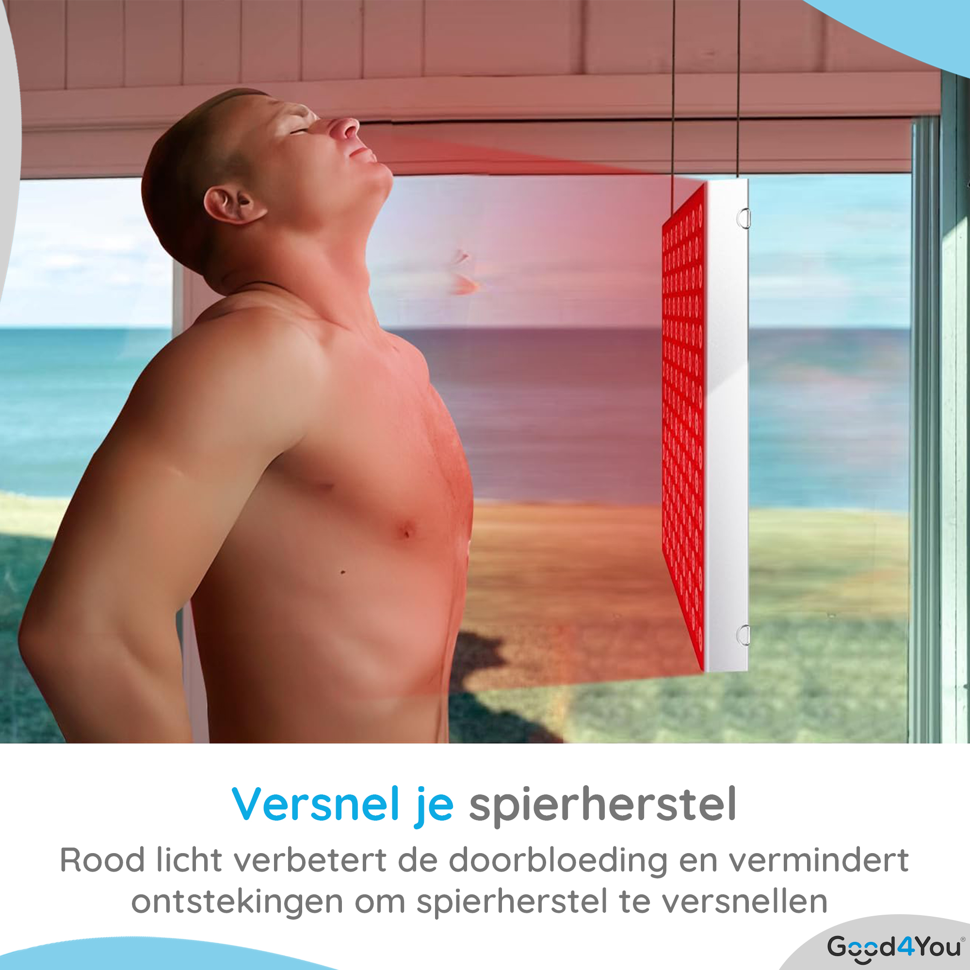 Ein Mann ohne Hemd blickt auf ein rotes Lichtpanel. Der Text lautet: 'Beschleunigen Sie Ihre Muskelregeneration'.