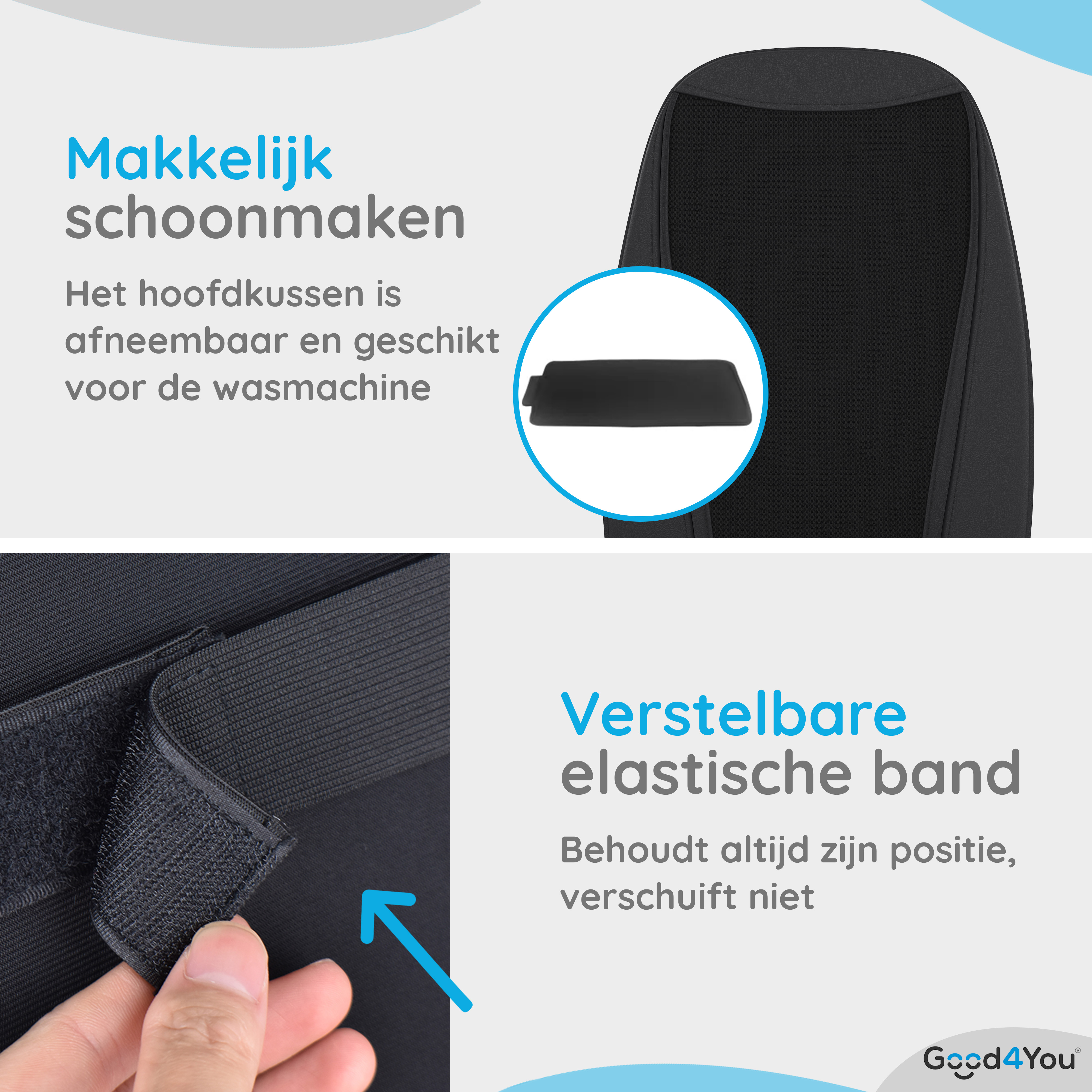 Das Bild zeigt eine schwarze Kopfstütze und elastische Banddetails. Text beschreibt einfache Reinigung und elastisches Band.