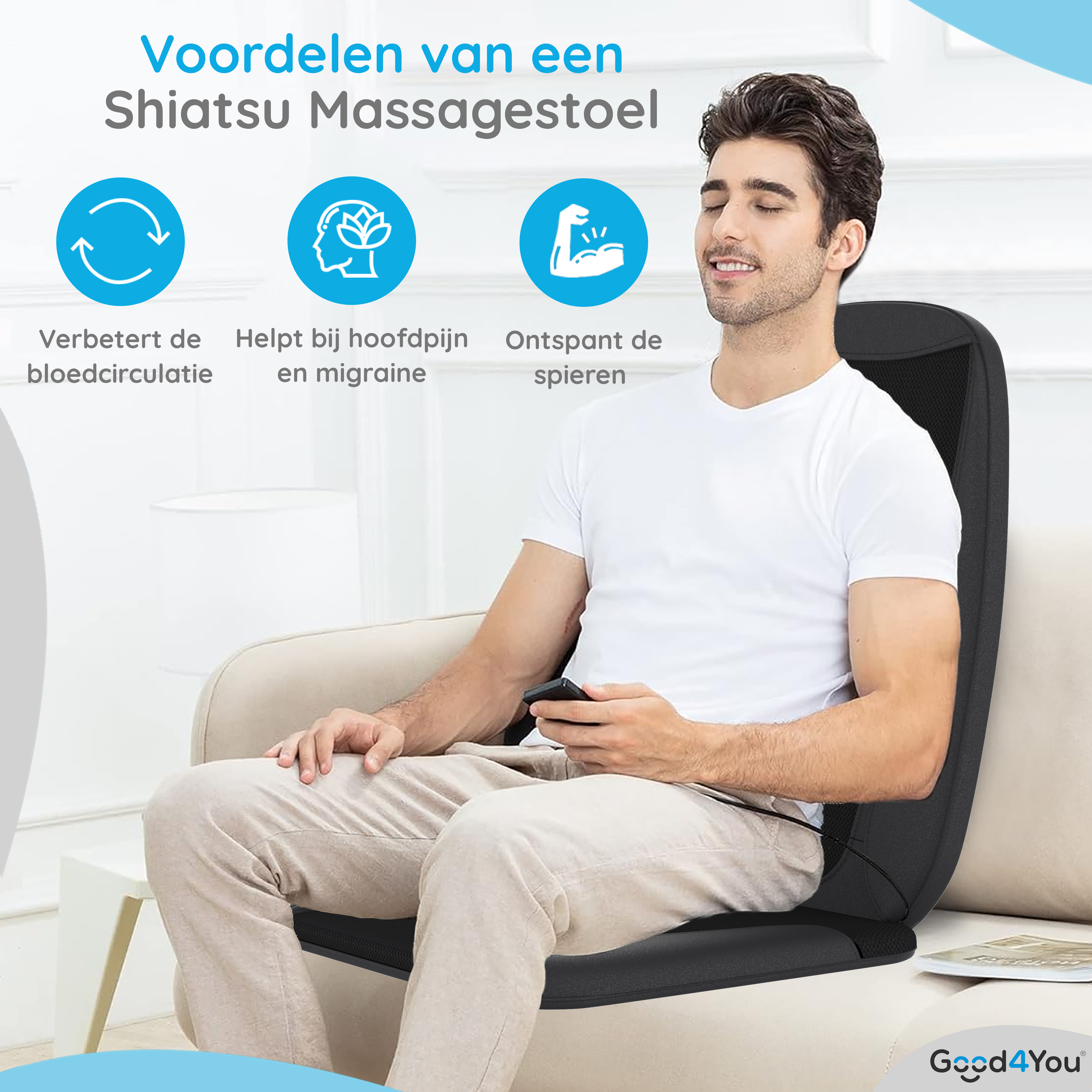 Ein Mann sitzt in einem Massagesessel und hält eine Fernbedienung. Das Bild hat Text über Shiatsu-Massage-Vorteile.