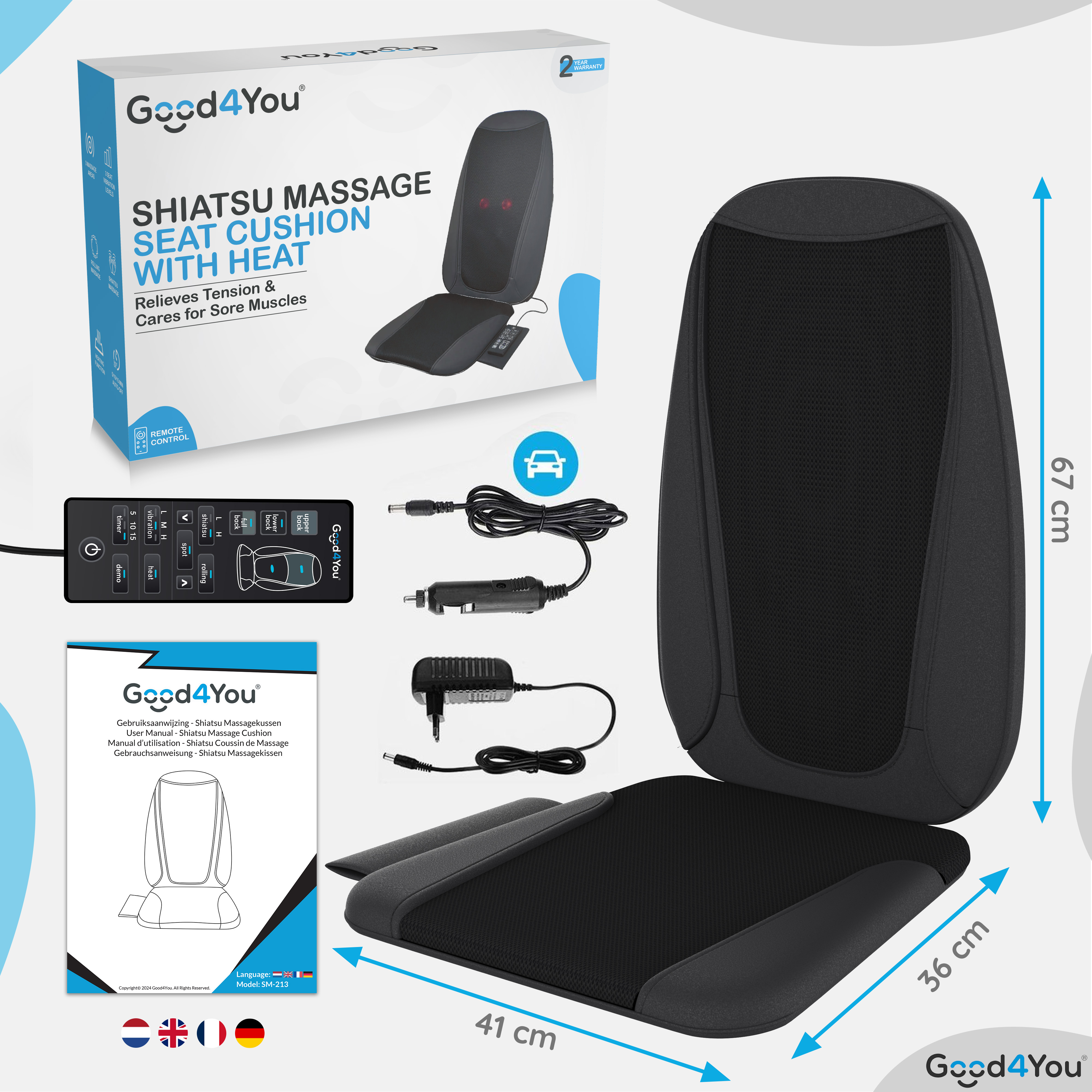 Ein schwarzes Shiatsu-Massage-Sitzkissen mit Heizung, Steuerung und Karton mit Text, Zubehör und Abmessungen.