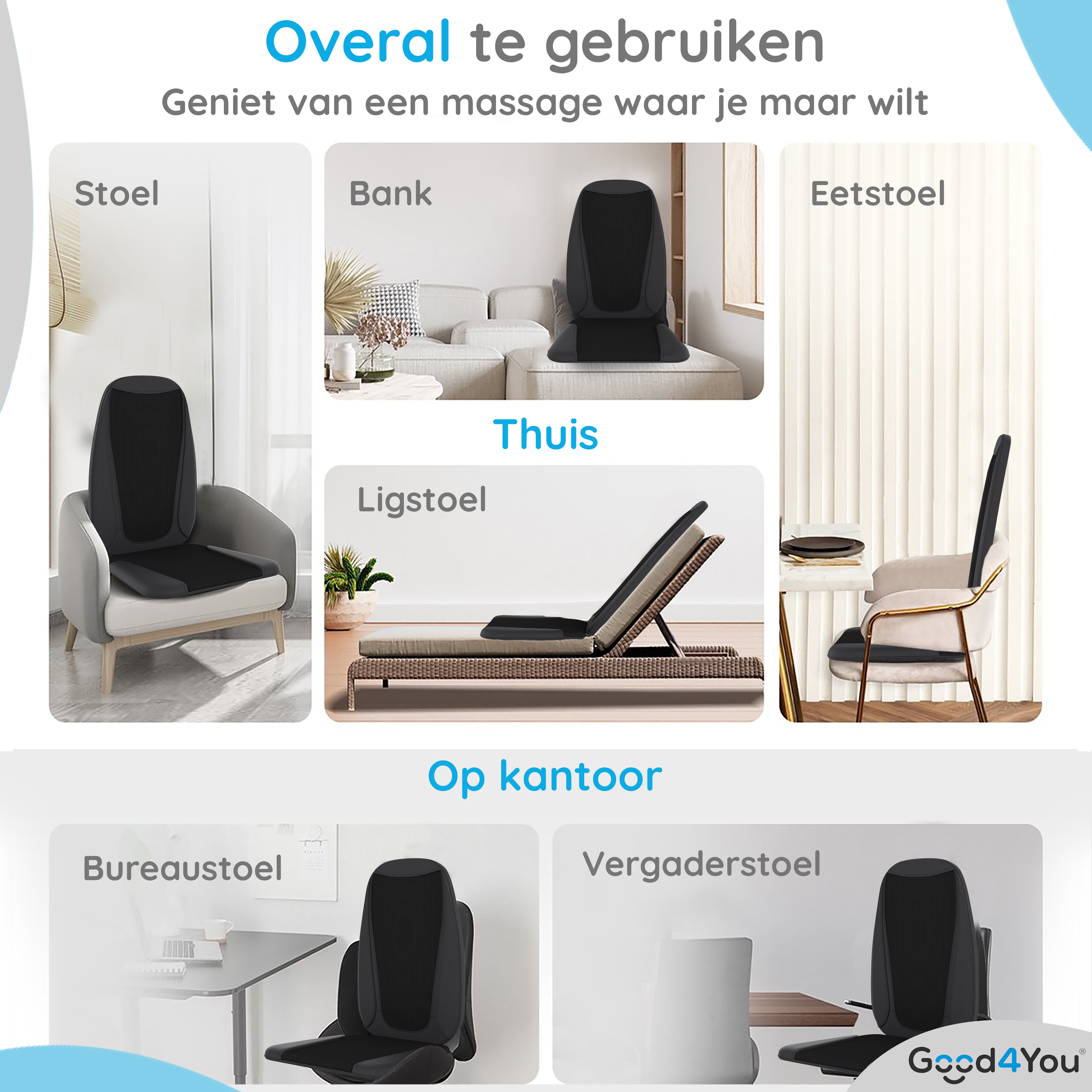 Das Bild zeigt ein schwarzes Massagekissen auf verschiedenen Stühlen: Sofa, Esszimmerstuhl, Sessel, Liegestuhl, Bürostuhl und Konferenzstuhl.
