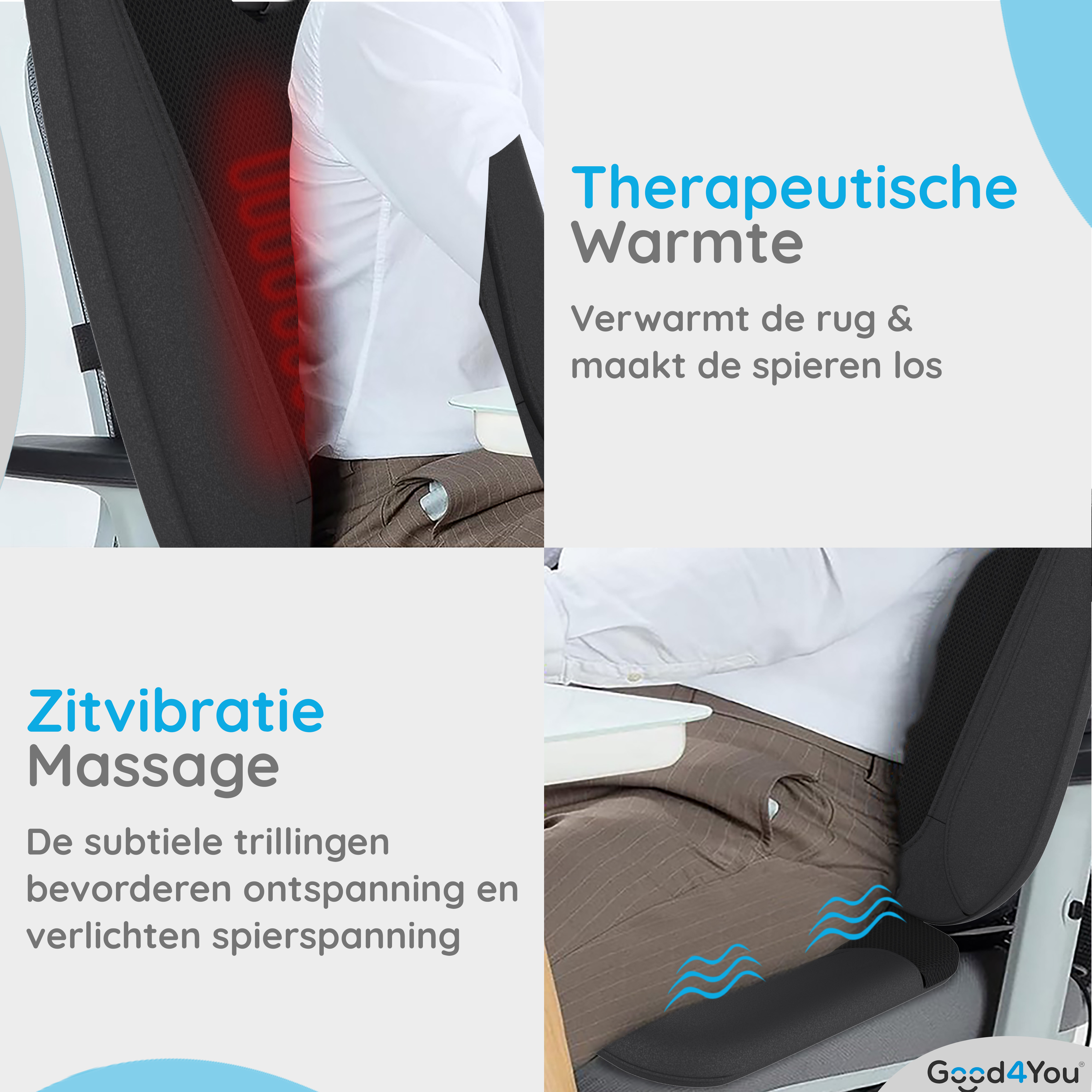 Das Bild zeigt eine Person in einem Stuhl. Der Text lautet: Therapeutische Wärme & Zitvibratie Massage. Es zeigt Heiz- und Vibrationsbereiche.