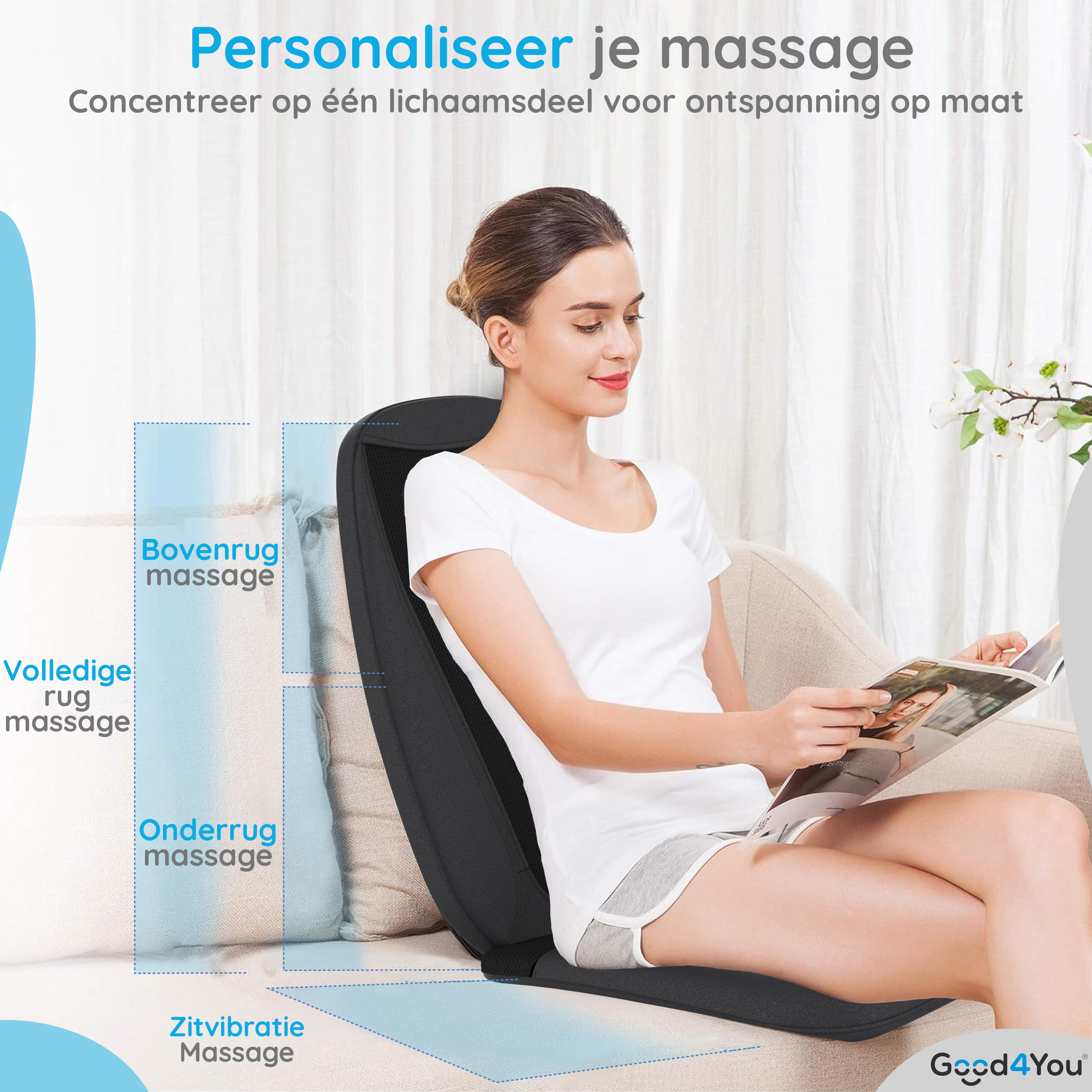 Eine Frau sitzt auf einem Stuhl mit einem Massagegerät und liest eine Zeitschrift. Text zeigt Massageoptionen.