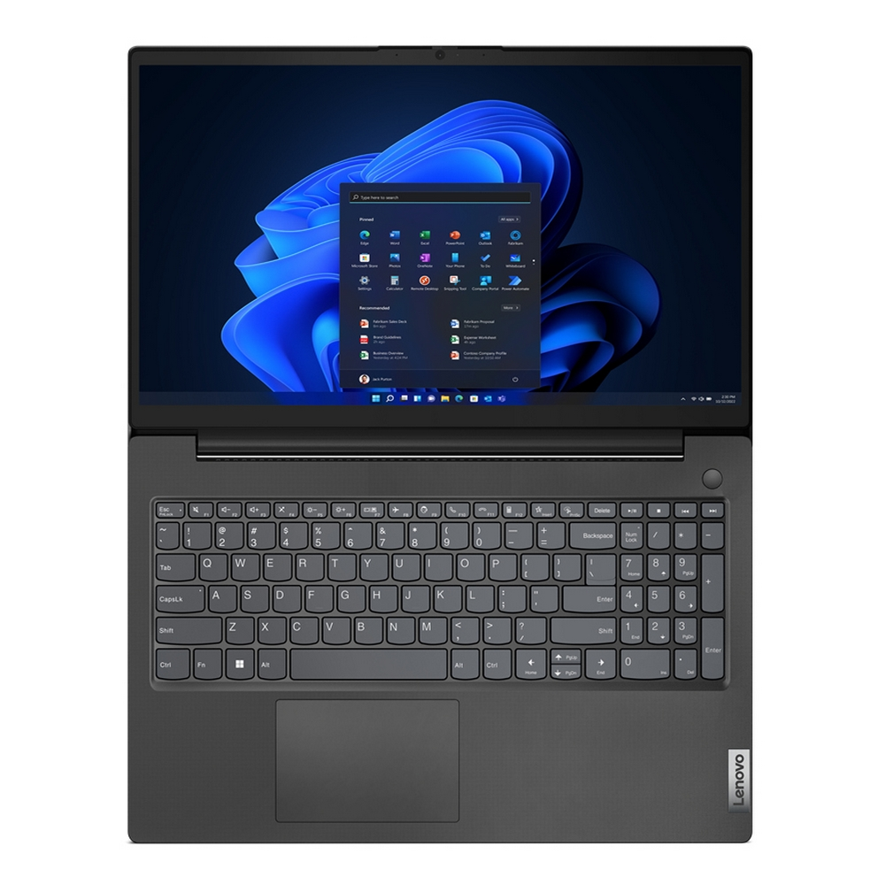 Un laptop Lenovo grigio è aperto, con il menu Start di Windows 11 visualizzato. La tastiera è visibile e lo schermo mostra varie icone di app.