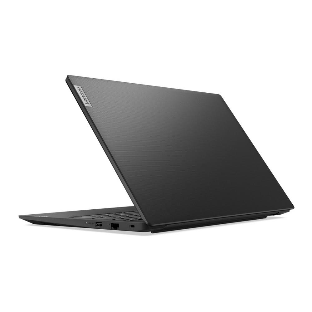Un laptop Lenovo nero è leggermente aperto su sfondo bianco. Il logo Lenovo è visibile. La tastiera è visibile.