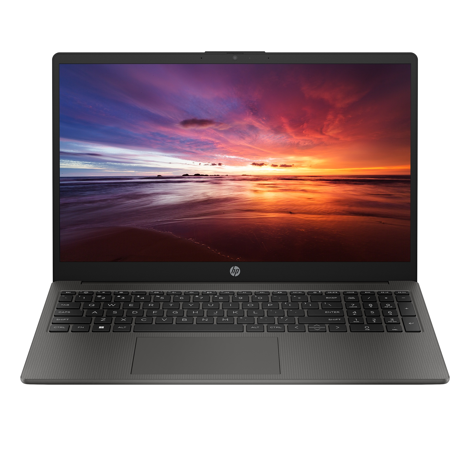 Ein HP-Laptop zeigt einen Sonnenuntergang über dem Wasser. Der Laptop ist grau, mit Tastatur und Touchpad. Der Bildschirm hat ein HP-Logo.