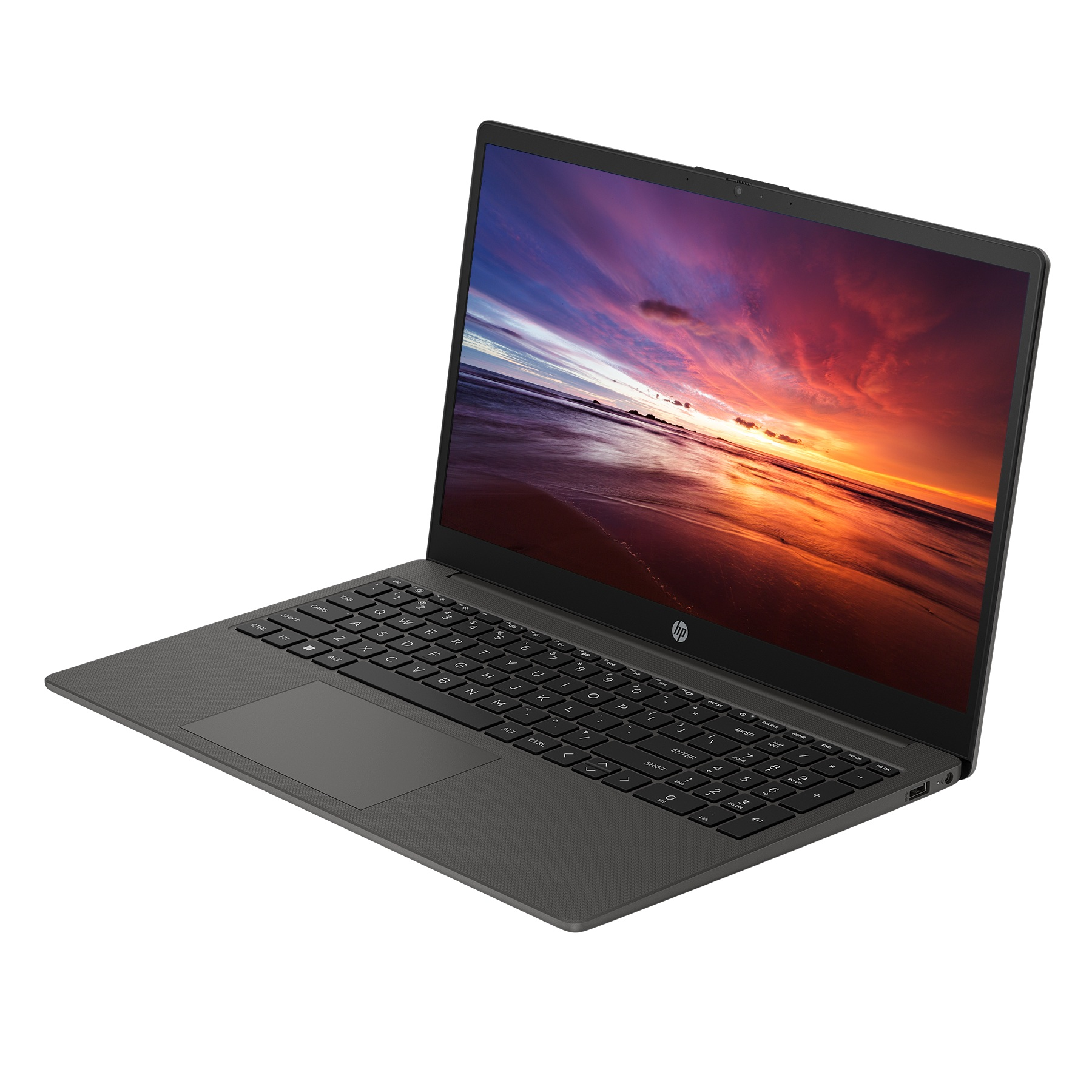 Ein grauer HP-Laptop ist geöffnet und zeigt einen Sonnenuntergang am Strand auf dem Bildschirm. Die Tastatur ist schwarz.