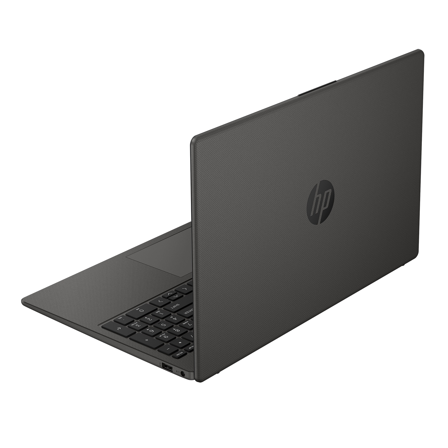 Dunkelgrauer HP-Laptop auf weißem Hintergrund. Der Laptop ist geöffnet und zeigt Tastatur und Bildschirm.