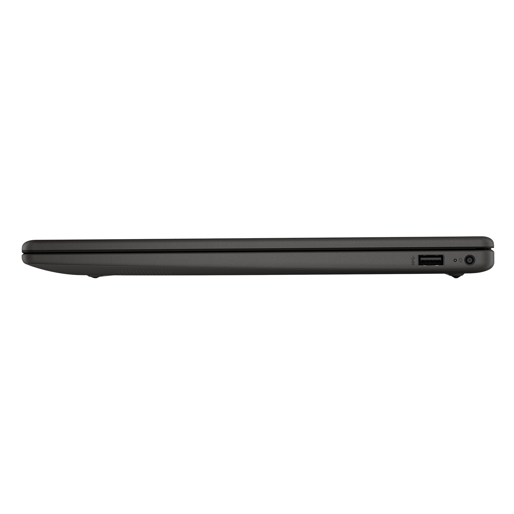 Seitenansicht eines dunklen Laptops mit USB-Anschluss, Stromeingang und kleinem kreisförmigen Anschluss. Weißer Hintergrund.